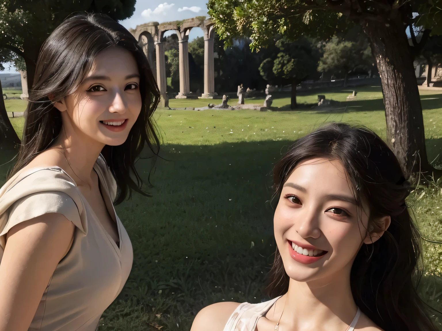 Ancient Roman ruins,Poussin-style landscape,laughter,,Sweet and seductive appearance.、Caravaggio's paintings、Chiaroscuro of Caravaggio、hair tousled by the wind,Two women frolicking,cute smile, expression of ecstasy,Sexy,erotic