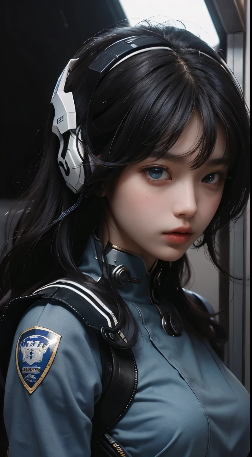 best image quality, excellent details, ultra high resolution, (realism: 1.4), best illustrations, Favor details, 1girl concentrated in high concentration, japanese woman、18-year-old、delicate and beautiful face,、blue eyes、 dressed in black and white mecha, holding a directional controller, Riding a large motorcycle, the background is a high-tech lighting scene of the futuristic city.