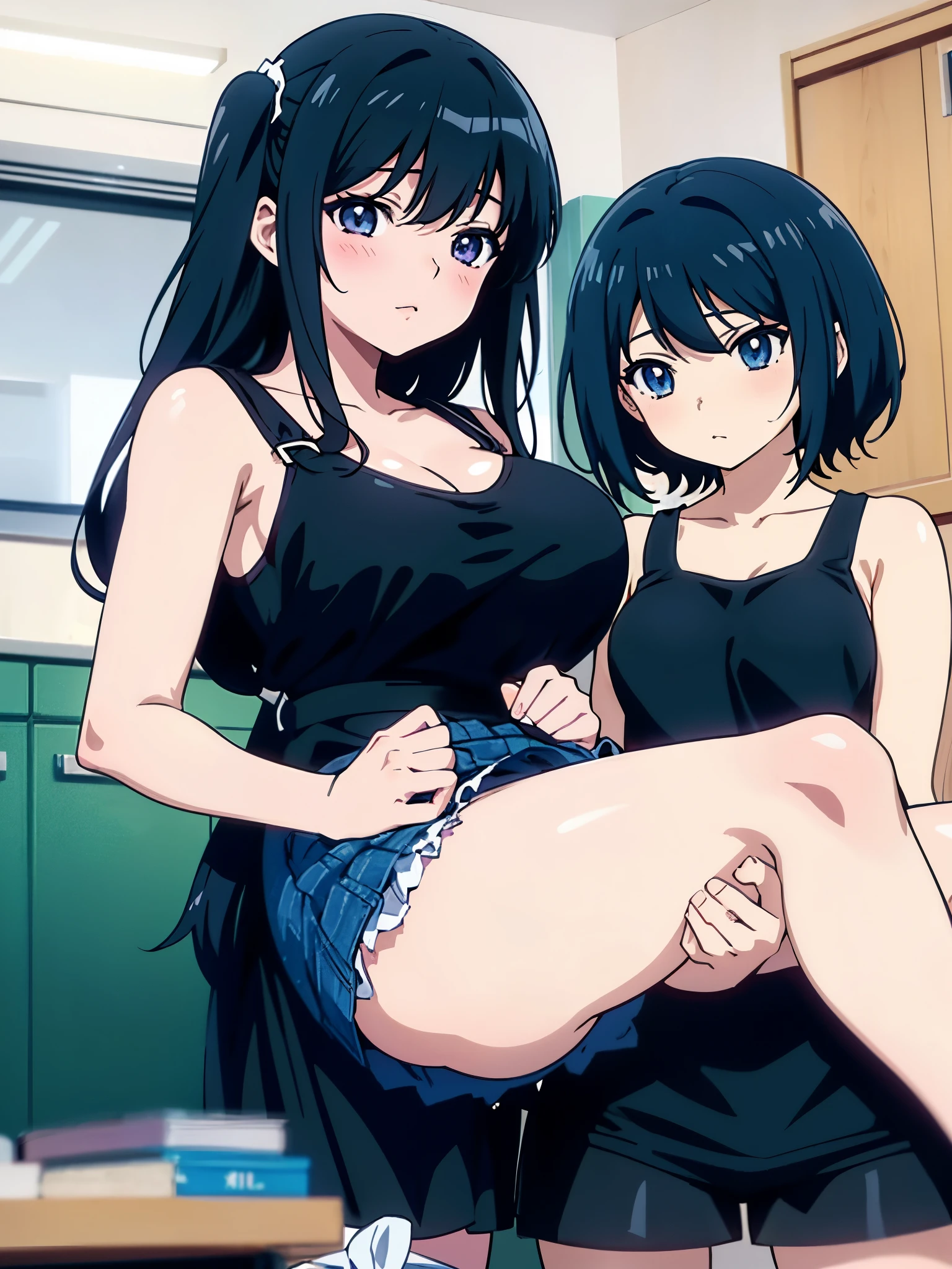 anime girl in black clothes posing for a picture in a kitchen, Sex anime style, two beautiful anime girl, anime girl, anime moe art style, Sex, Sex style, Realistic anime 3d style, by Kose Kanaoka, anime style. 8K, pixiv 3DCG, two girls, twin tails, by Hitoshi Homura