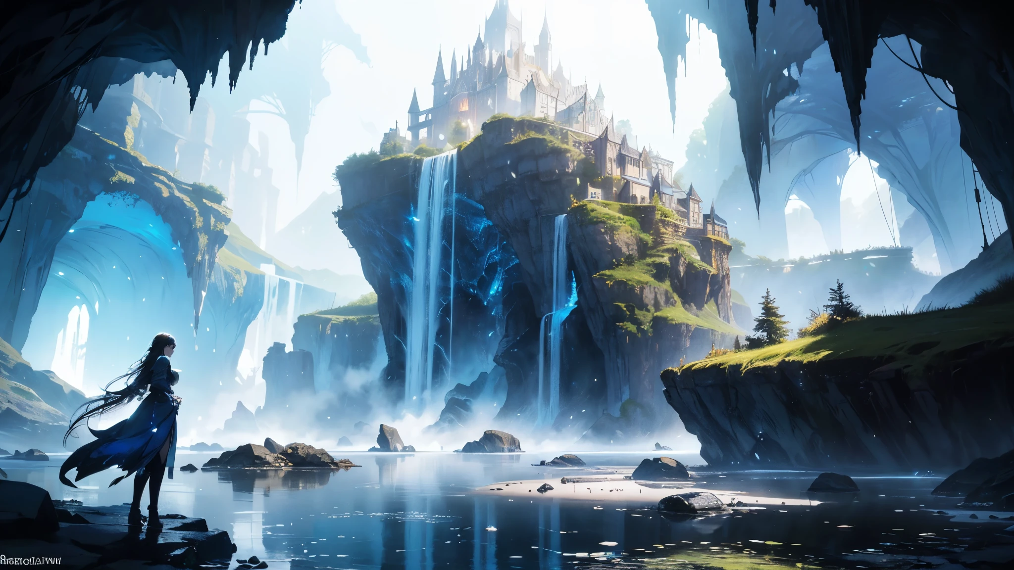 "(by Greg Rutkowski: 1.2), (masterpiece), (best quality), extremely delicate and beautiful, illustration, (fantasy landscape), A mesmerizing fantasy landscape with enchanting elements blending seamlessly. (Majestic crystal cave mine), huge crystal, adorned with vibrant blue hue glow reflecting off the surroundings. A sense of tranquility and wonder fills the air, inviting exploration and discovery, depth of field, HDR, intricate, delicate"
