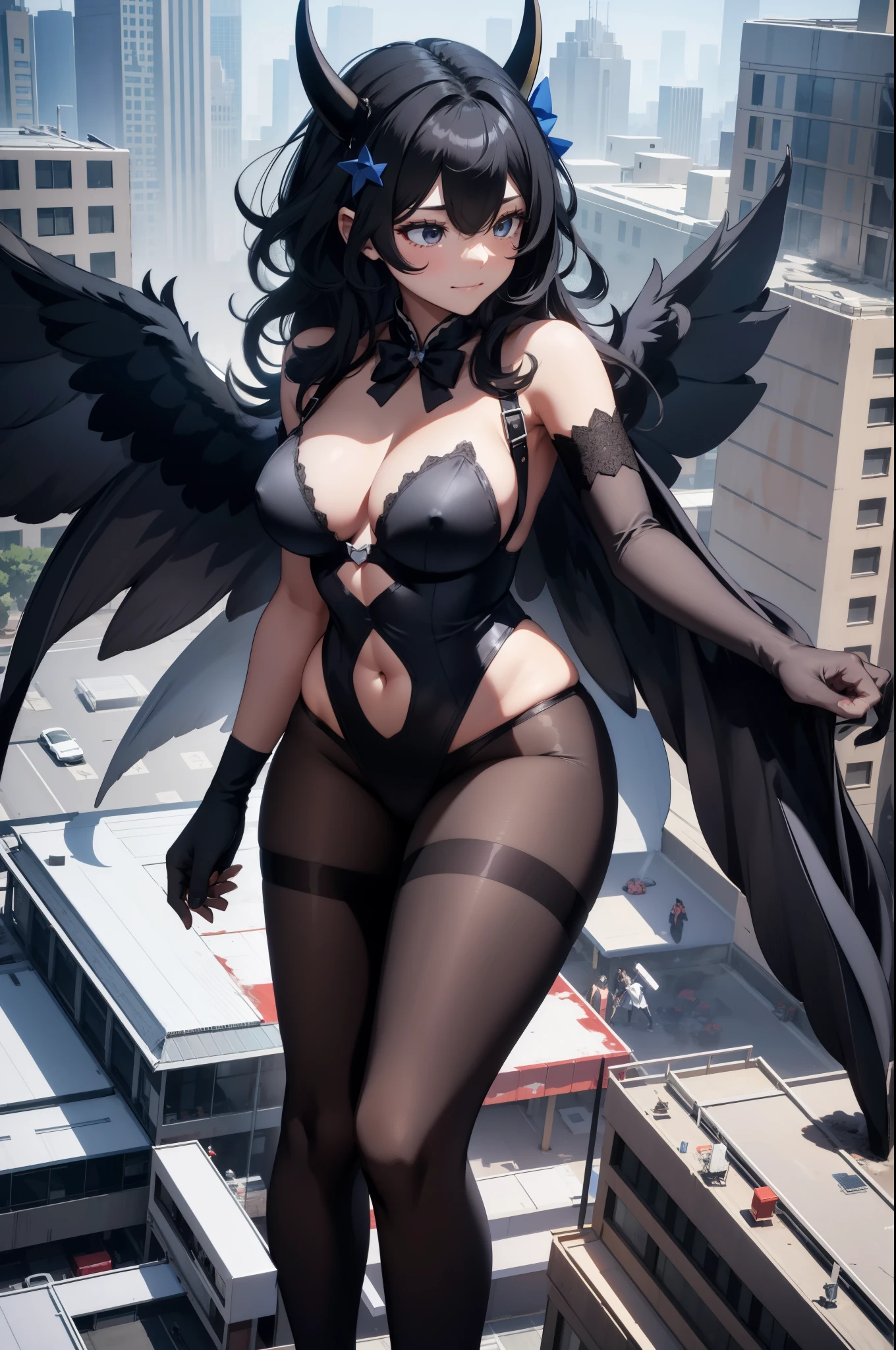 Aerial View,giant girl 50,000 feet high,Weight 1000kg,Has a pair of huge black angel wings,With huge devil horns on his head,Has waist-length black hair,loose hair,Big black wavy curls,Black crown,Wearing a pair of black Mary Jane high heels,Black lace gloves,Black lace pantyhose,Pantyhose with bow and star decorations,黑色蕾丝whole body,Standing upright on a small city,Beautiful appearance,Exquisite makeup,quality,8k,高quality,Perfect proportion, Cinema lighting,film grain,Fuji colors,8k,textured skin,Super details,high detail,high resolution,fake smile,blood stains,脚底有blood stains,whole body,Obese,feather
