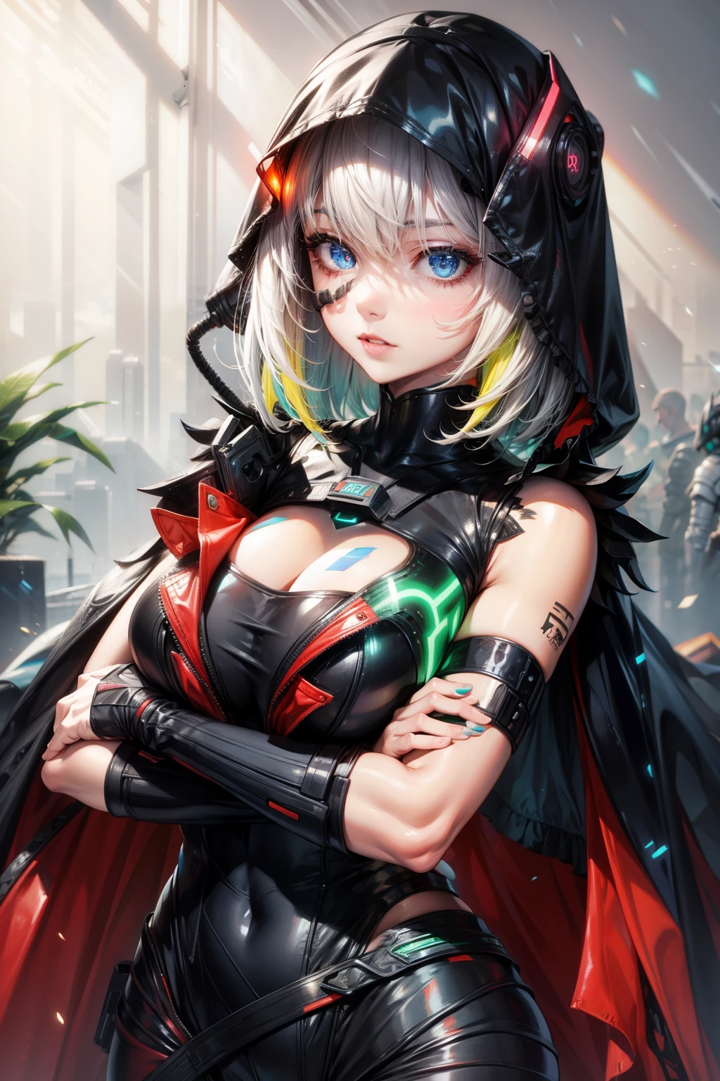 Bust ((from face to the waist)) Beauty girl as 2B in detailed tight ornad plugsuit cyberpunk elegant, detailed sharp galaxy glowing eyes, hyperrealistic short hair ((with glowing colorful fringe)), cinematic illumination 8k, (masterpiece), sharp focus