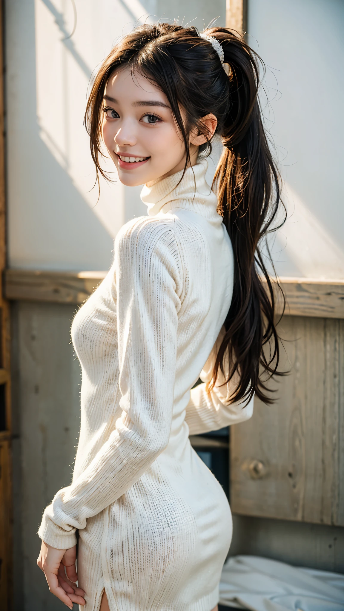 highest quality, masterpiece, ultra high resolution, (realistic:1.4), (close portrait) Raw photo, 1 girl, 22 years old, (((Black turtleneck back open knit dress white))), masterpiece, realistic pictures, japanese pictures, fuji negative film, saturation, contrast, Pocari Sweat Advertisement ((small breasts)),((smiling showing teeth)),long hair top ponytail,brown hair,