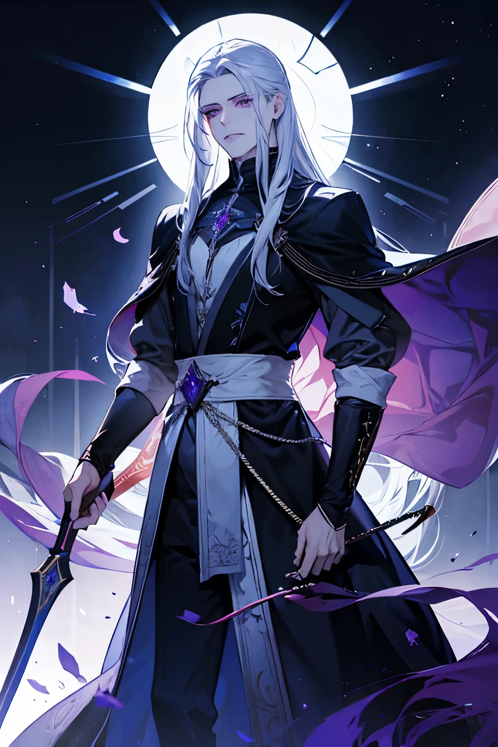 Melkor is much taller than the average human. He is around the same height as myself - and we are both fairly tall. He has shoulder length white hair, just like mine, and piercing purple eyes with sharp silver pupils. He is strong and looks every bit the warrior prince he is. His demeanor