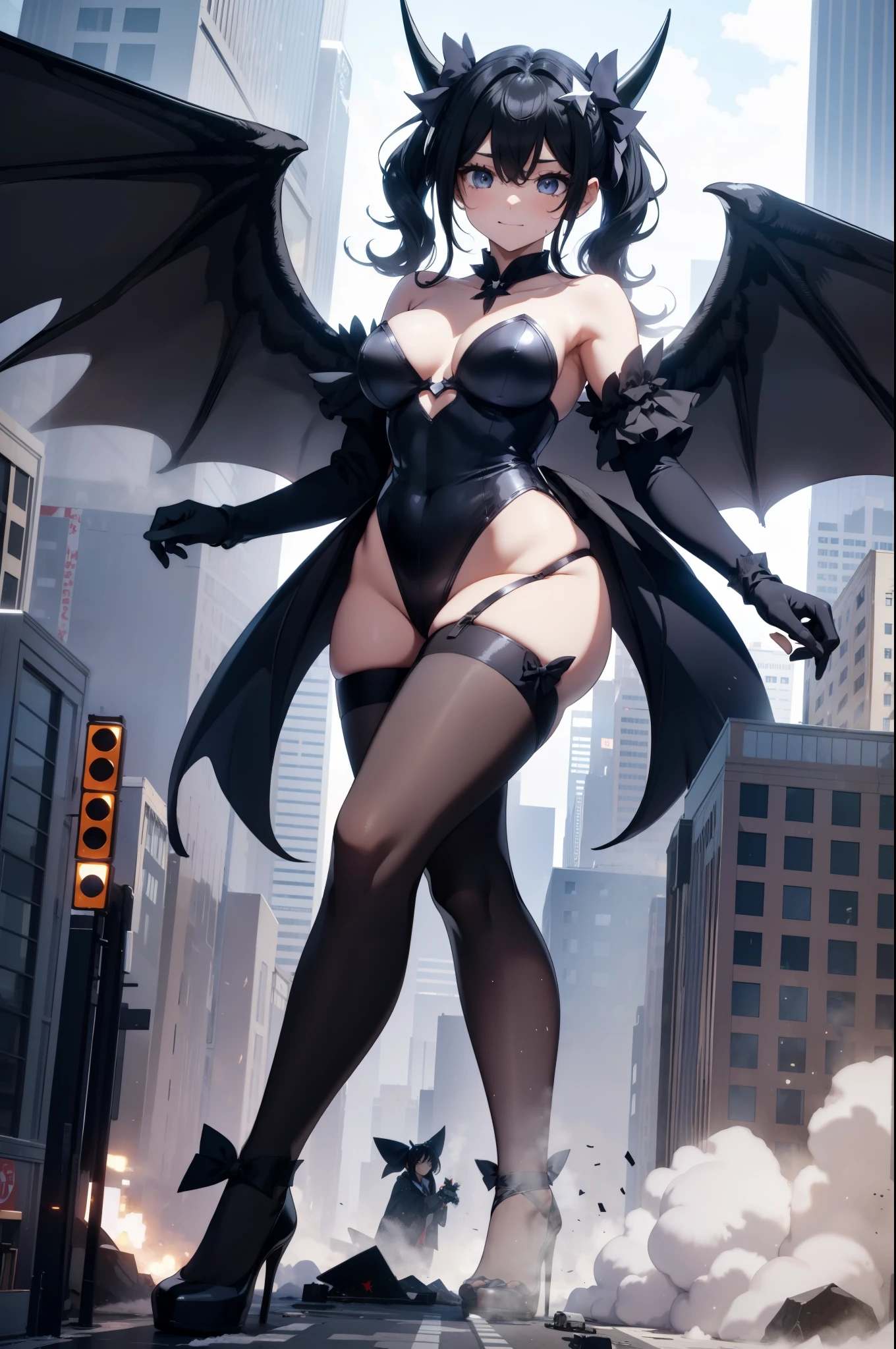 Aerial View，giant girl 50,000 feet high，Weight 1000kg，Has a pair of huge black angel wings，With huge devil horns on his head，Has waist-length black hair，loose hair，Big black wavy curls，Black crown，Wearing a pair of black Mary Jane high heels，Black lace gloves，Black lace pantyhose，Pantyhose with bow and star decorations，黑色蕾丝whole body，Standing upright on a small city，Beautiful appearance，Exquisite makeup，quality，8k，高quality，Perfect proportion, Cinema lighting，film grain，Fuji colors，8k，textured skin，Super details，high detail，high resolution，fake smile，blood stains，脚底有blood stains，whole body，Obese，feather