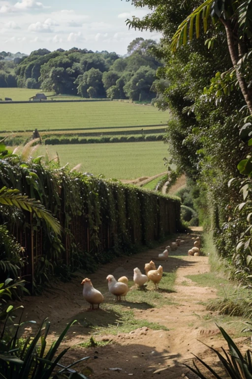 There is a wheat field by the sea,There is a mill in the wheat field,There is a cake shop next to the mill,There is a jungle behind the cake shop,There are hens and eggs in the jungle