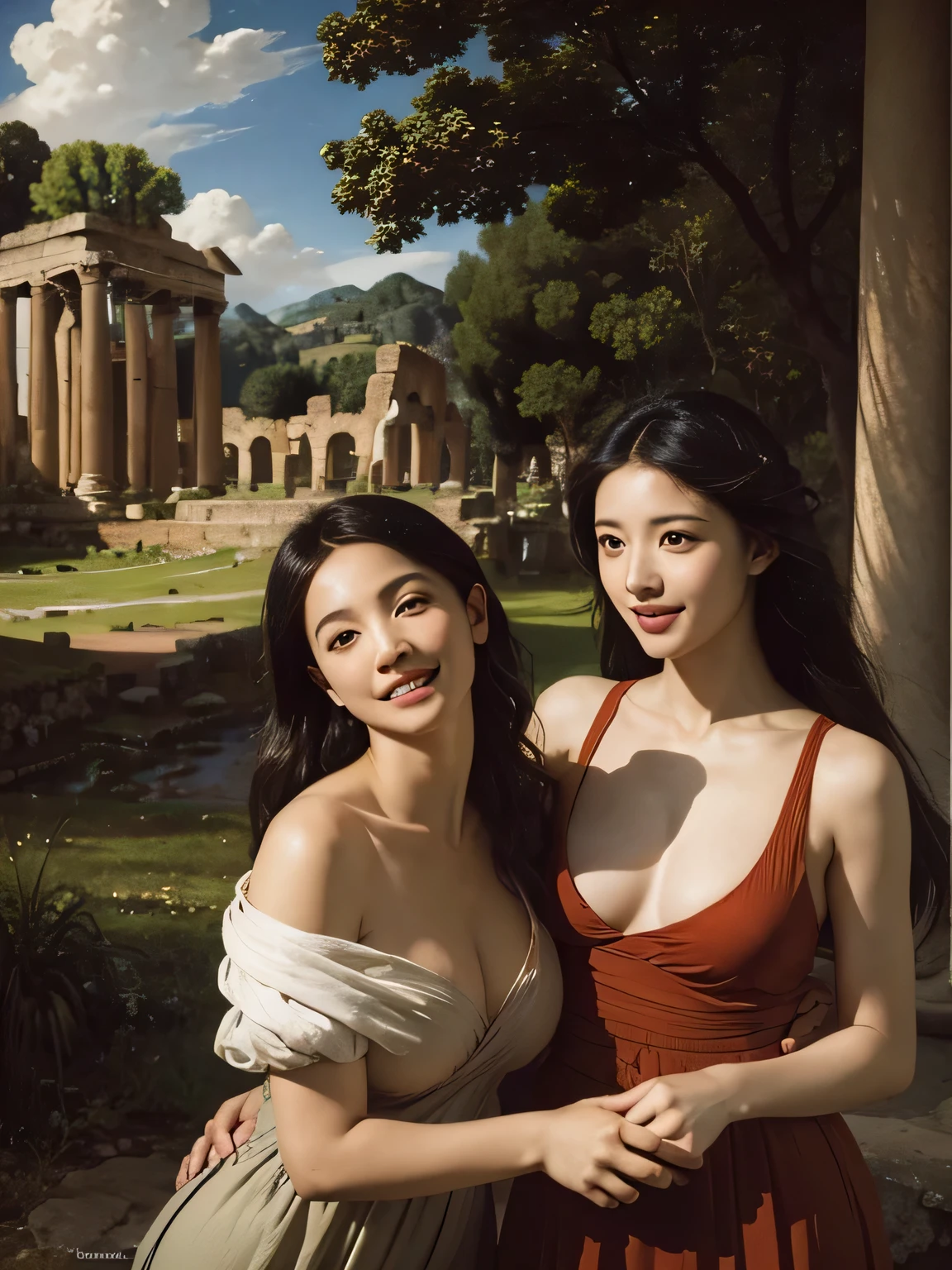 Ancient Roman ruins,Poussin-style landscape,A smile,,Sweet and seductive appearance.、Caravaggio's paintings、Chiaroscuro of Caravaggio、Hair disheveled in the wind,Two women frolicking,Cute smile, Expression of ecstasy,A sexy,Erotic