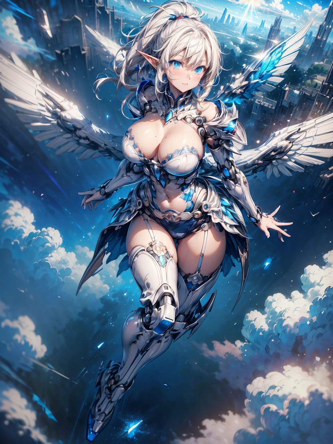 (masterpiece、 highest quality, wonderful, very detailedティッカーユニティ、8k wallpaper, Depth of written boundary, Ultra-fine illustration:1.5)、。.。.。.。.3D, very detailed, (Full body Esbian、Mecha elf girl:1.3), sci-fi battlefield, Hawken, shy smile, open your mouth、short ponytail hair, (white blonde hair, deep blue eyes:1.2), sparkling eyes, Embarrassingly cute face, cute, big breasts, delicate hair, messy hair, (((Flying high in the sky))、blue and wide sky, White cloud), shiny hair, shiny skin, (Symmetrical mechanical winetallic colored mechanical wings that are widely expanded to the left and right so that they protrude wonderfully from the screen, bite, white hair ornament), (particles of light, cinematic lighting: 1.3), (pale pink lips: 0.8), by Yusuke Murata.