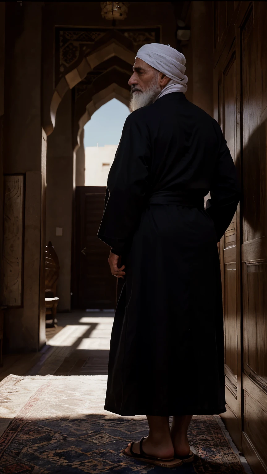 Arabic vibe, rather thin old arabic person, wearing robe and headscarf, wearing sandals, white beard, dark black shadows covering whole part of the face, camera view from far behind the body, full body, cinematic dramatic, epic background, proportionately corect, hyper detail, realistic, high contrast, ultra high resolution