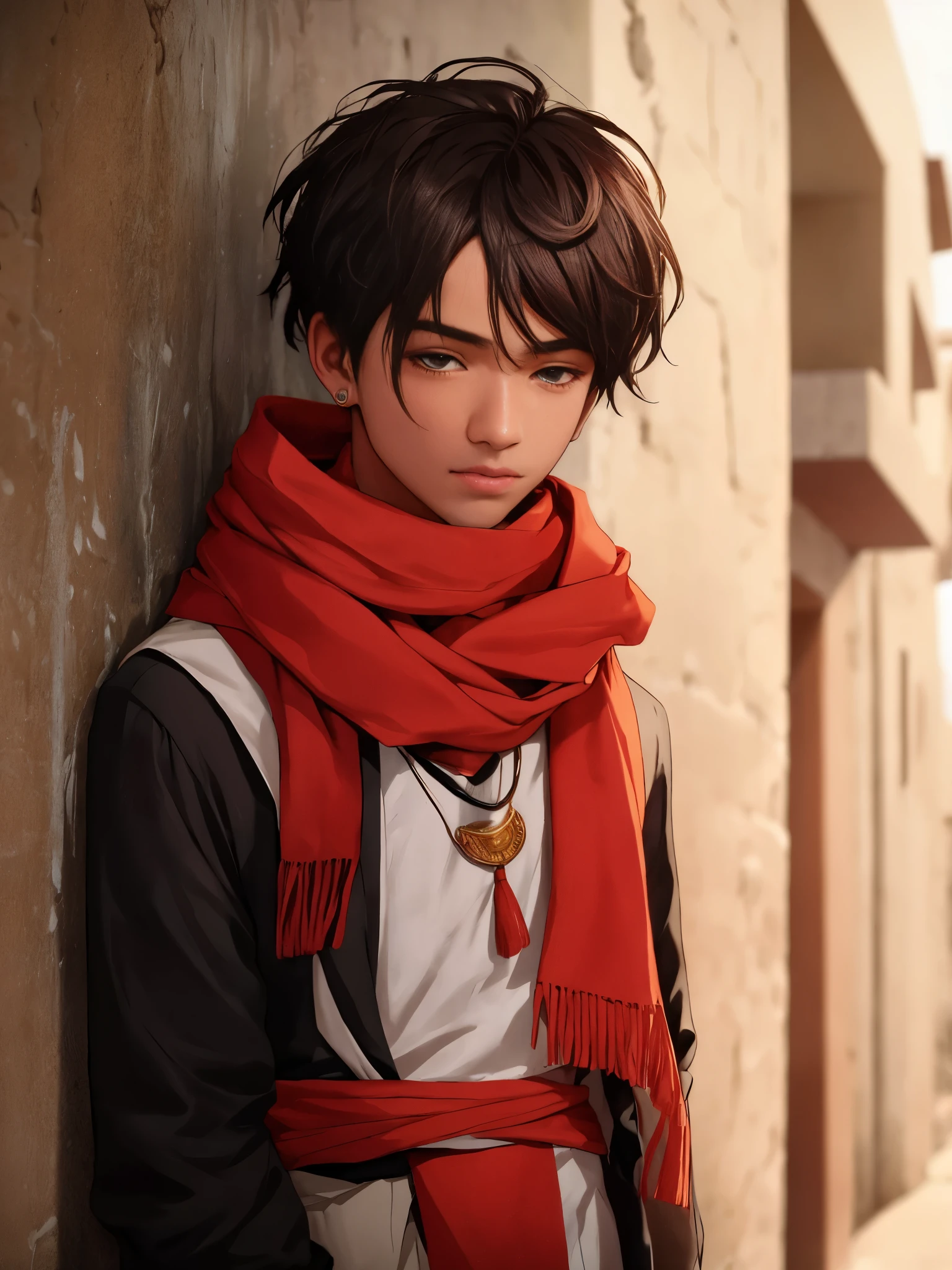 arafed boy with a necklace and a scarf standing in front of a wall, shot on canon eos r5, shot on canon eos r 5, shot with sony alpha, portrait of a young teenage boy, young himalayan, captured on canon eos r 6, wearing a tribal outfit, shot with sony alpha 1 camera, a young asian man