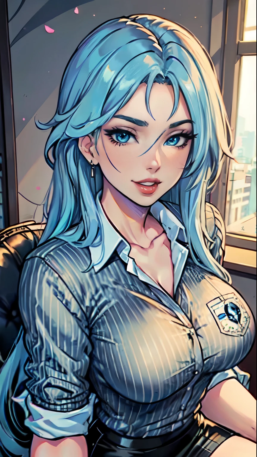 A cartoon picture of a woman with blue hair sitting in a chair - SeaArt AI