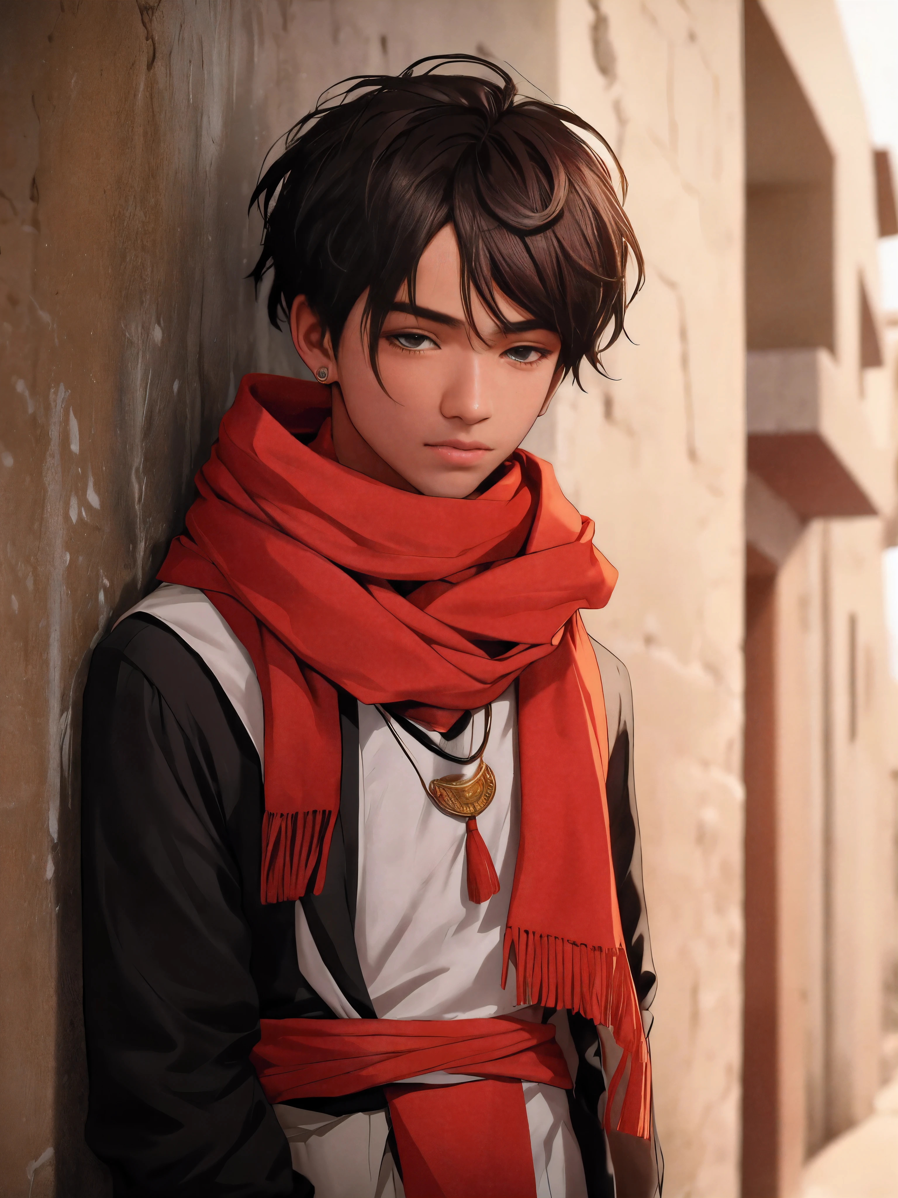 arafed boy  with a necklace and a scarf standing in front of a wall, shot on canon eos r5, shot on canon eos r 5, shot with sony alpha, portrait of a young teenage boy, young himalayan, captured on canon eos r 6, wearing a tribal outfit, shot with sony alpha 1 camera, a young asian man