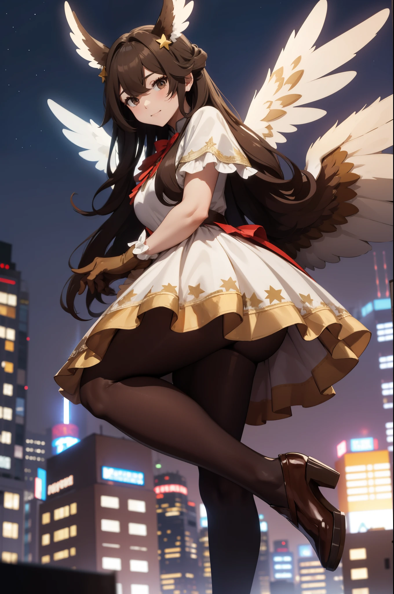 Aerial View，giant girl 50,000 feet high，Weight 1000kg，Has a pair of huge brown angel wings，With huge devil horns on his head，Has waist-length brown hair，loose hair，Brown big wavy curls，brown crown，Wearing a pair of brown Mary Jane heels，Brown lace gloves，Brown lace pantyhose，Pantyhose with bow and star decorations，棕色蕾丝whole body，Standing upright on a small city，Beautiful appearance，Exquisite makeup，quality，8k，高quality，Perfect proportion, Cinema lighting，film grain，Fuji colors，8k，textured skin，Super details，high detail，high resolution，fake smile，blood stains，脚底有blood stains，whole body，Obese，feather