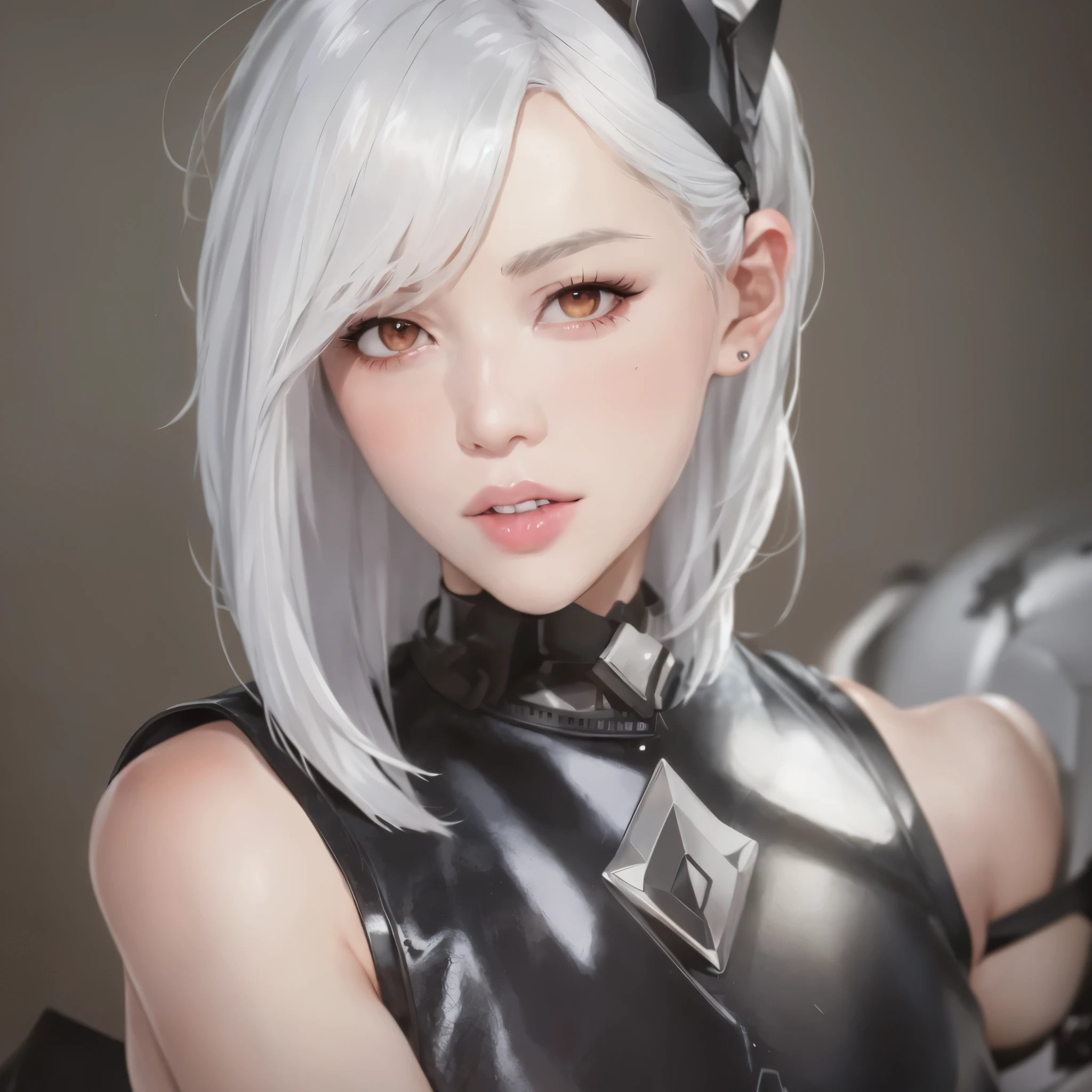 a close up of a woman with a white hair and a black top, tifa lockhart with white hair, anime girl cosplay, cyborg - girl with silver hair, anime cosplay, girl silver hair, girl with white hair, perfect white haired girl, silver hair girl, girl with short white hair, 2b, 2 b, 2 b from nier automata