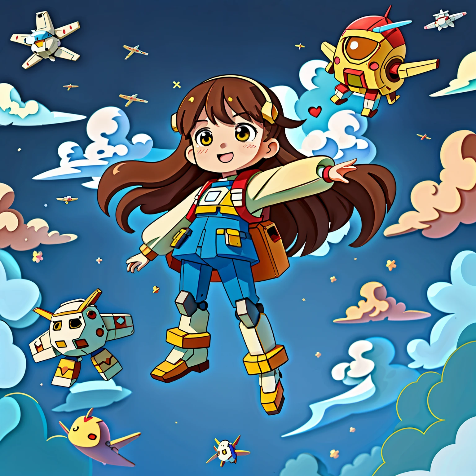Girl with long brown hair，Put on the Gundam Robot Suit，在天空flight（flight)（in the sea of clouds），（There is love）happy，Surrounded by love，Surrounded by love，O sign，vector，line art，design，inspiration，straight line，RHAD