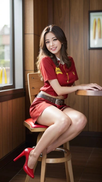 (photorealistic:1.4), (from behind)、high quality, realistic, Super detailed, finely,( High resolution),( 8K)、 1 beautiful woman,, (Full body to toes:1.4)、(Rear view:1,3)、(buckshot:1.3)、(look back and smile) light brown messy hair、 ((McDonald's clerk))、((red mcdonalds uniform))、(red color short mini skirt)、(waist belt)、 perfect dynamic composition, beautiful and detailed eyes, thin hair, Detailed realistic skin texture, (toothy smile)、 model body shape、(big breasts、big ass)、(wearing high heels)、(sitting in a chair)、、(sexy pose、