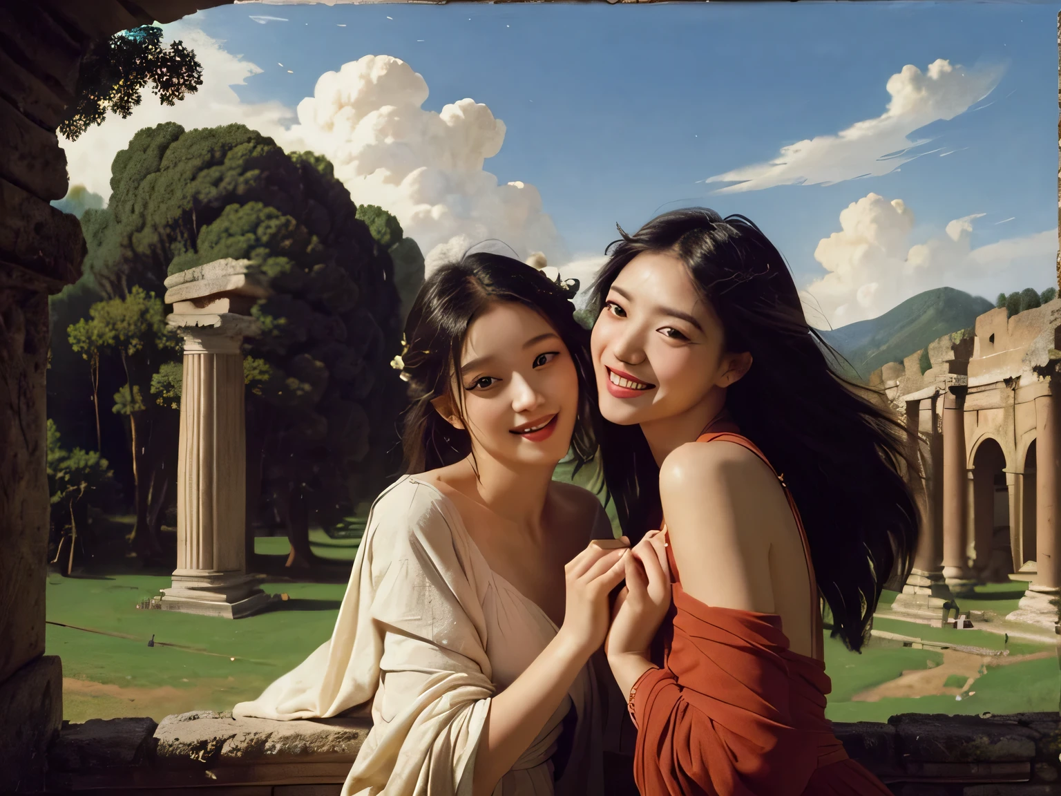 Ancient Roman ruins,Poussin-style landscape,laughter,,Sweet and seductive appearance.、Caravaggio's paintings、Chiaroscuro of Caravaggio、hair tousled by the wind,Two women frolicking,cute smile, expression of ecstasy,Sexy,erotic