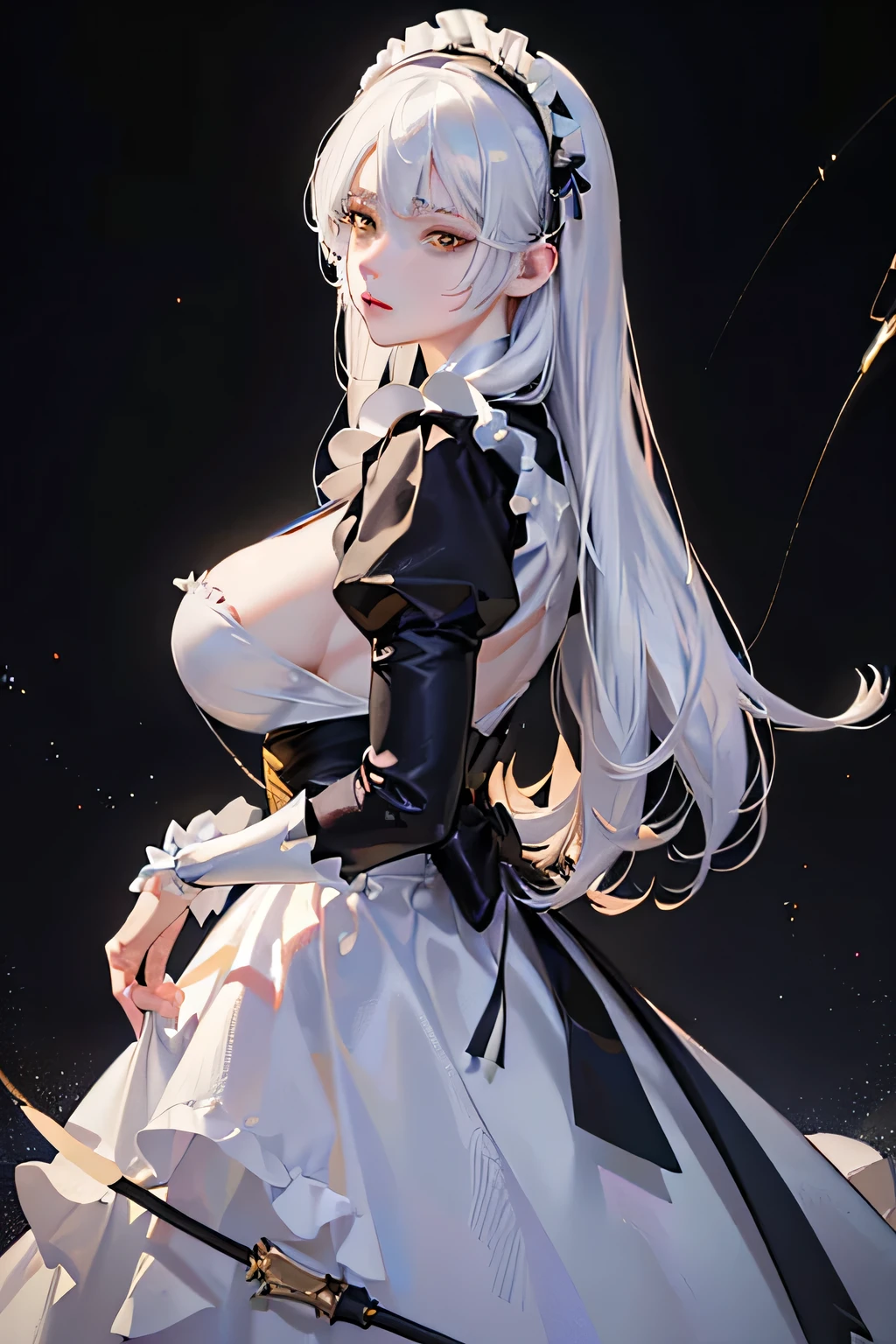 (best quality,4k,8k,highres,masterpiece:1.2),ultra-detailed,(realistic,photorealistic,photo-realistic:1.37), expressive eyes, perfect face, anime screencap, long straight white hair, yellow eyes, plus symbol inner eyes, from side, space, pale white skin, bang, gothic maid outfit, big breasts