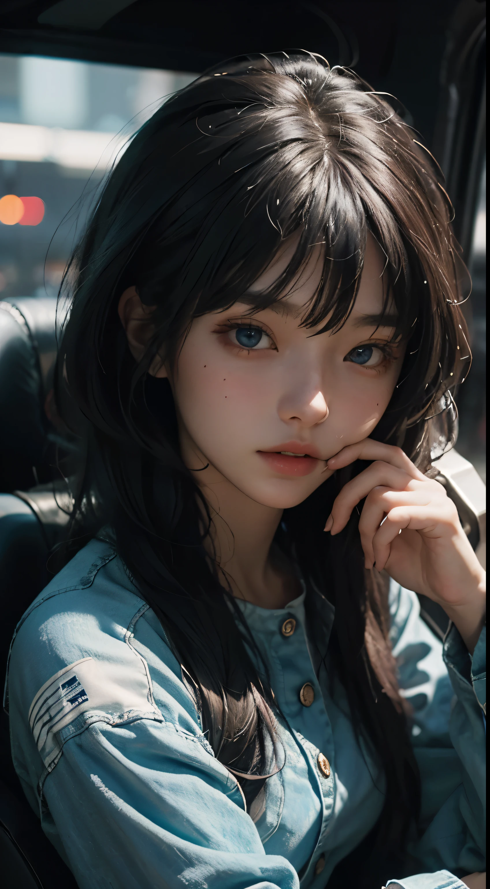 best image quality, excellent details, ultra high resolution, (realism: 1.4), best illustrations, Favor details, High concentration of 1girls, japanese woman、18-year-old、delicate and beautiful face,、blue eyes、 dressed in black and white mecha, holding a directional controller, Riding a large motorcycle, the background is a high-tech lighting scene of the futuristic city.