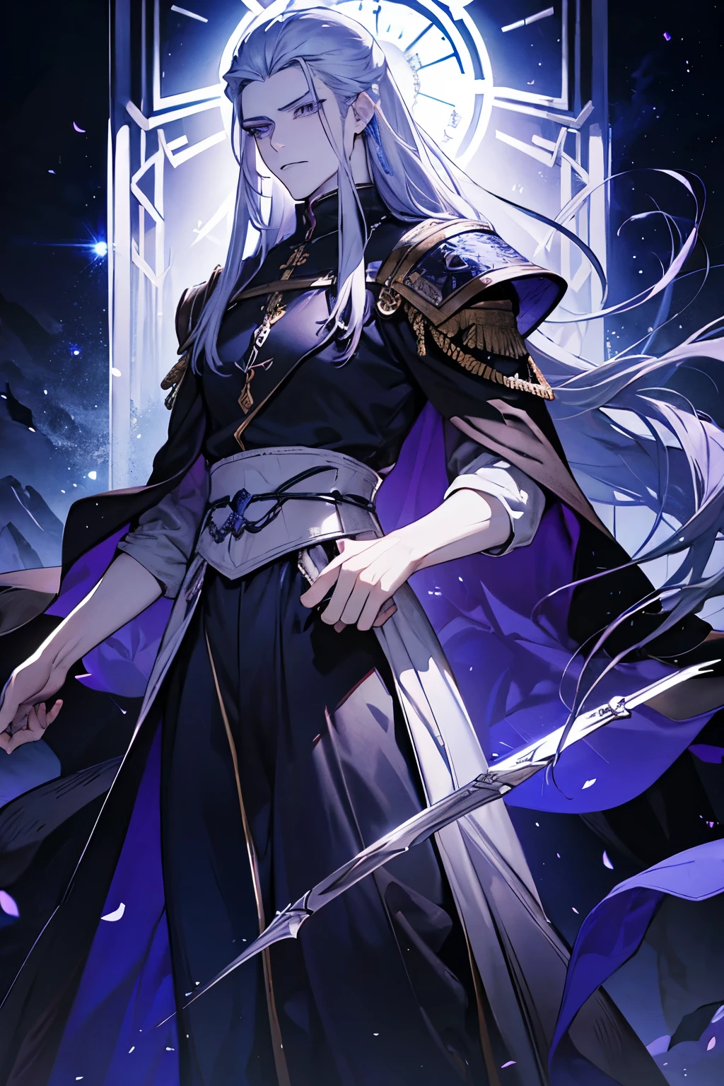Melkor is much taller than the average human. He is around the same height as myself - and we are both fairly tall. He has shoulder length white hair, just like mine, and piercing purple eyes with sharp silver pupils. He is strong and looks every bit the warrior prince he is. His demeanor