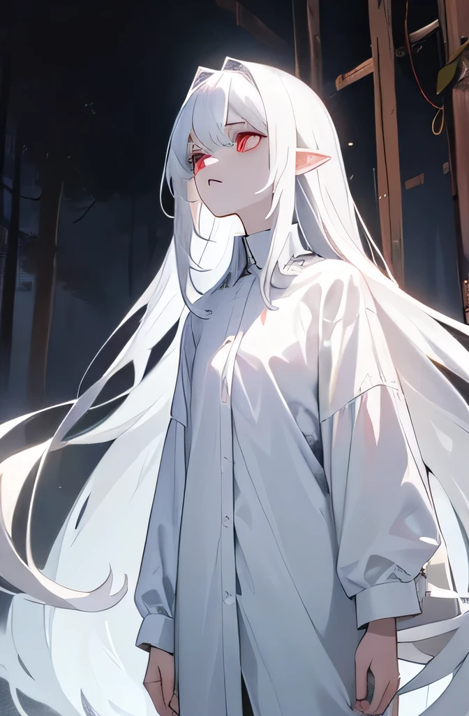 Young woman with white hair and pointed ears , skinny hipster, blood red eyes, smooth jawline, wearing only a white shirt, (Pale skin tone) hair is long, i grew up a little, ominous expression, Forest Cabin Background ,The hair is long enough to reach down to the thighs., Composition looking up from below, Stand up straight and look ahead, He is wearing no clothes other than a white t-shirt and has long hair..., hair is well-groomed, hair is straight, red eyes ,looking straight ahead , young face,wearing only a white shirt,Clothes and hair are not red,skin white,The body is perfectly balanced,The whole body comes out,wearing only a dress shirt!!!!!!!!!!,My hair is straight!!!!!!!!!!!