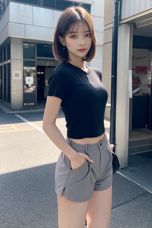 best quality， master piece， High resolution;，8K，（Realistic：1.4），Super High Resolution A，1 girl， super detailed， 超Realistic， Highly detailed CG illustrations， official art， cinematic light， Realisticな， young and beautiful girl， perfect body shape， perfect body shape， full gonzo， perfect body， （Start below：1.3）， (((みだらなPause)))， long and sexy legs， have confidence， beautiful sexy， gray short sleeves， open abdomen， black super shorts， S-shaped body， upturned butt，でPauseをとる，Pause，different perspectives，Standby distance detection，show high price(show high price)(show high price(show high price))(show high price(show high price)(show high price(show high price)))，leg length markings,short hair