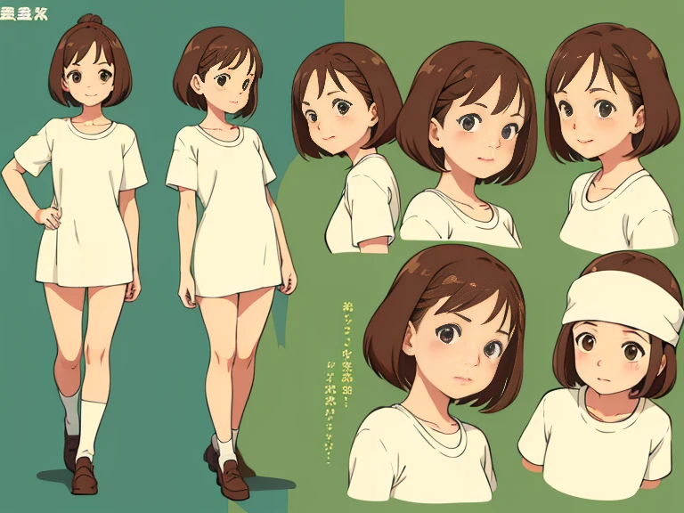 cute girl, super light brown hair, pixie bob hairstyle, character seet, Multiple pose and expressions, different angles, organizing, ghibli style, childrens book, meny character, Full body shot,