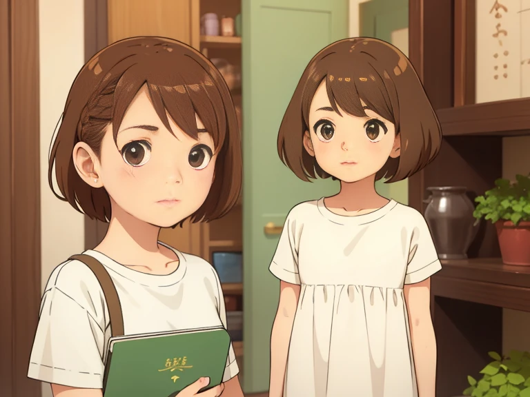 cute girl, super light brown hair, pixie bob hairstyle, character seet, Multiple pose and expressions, different angles, organizing, ghibli style, childrens book, meny character, Full body shot,