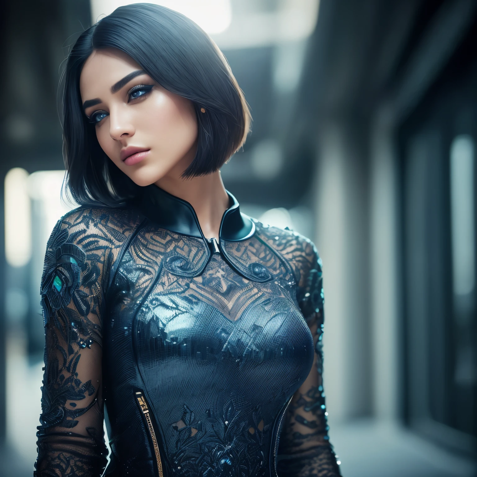 (RAW, analog, Nikon Z 14mm ultra wide angle lens, award-winning glamour photography, ((highest quality)), ((masterpiece)), ((realistic)), skin pores, subsurface scattering, synchrotron rays, high resolution, detailed facial features, high detail, sharp focus, smooth, aesthetic, highly detailed, (highly detailed eyes, highly detailed iris), highly detailed hair, highly detailed skin, highly detailed clothing, Octane Rendering, Photorealistic, Realistic, Post-Processing, Maximum Detail, Realistic Shadows, Roughness, Natural Skin Texture, Real Life, Ultra Realistic, Photorealism, Photography, 8K UHD, Photo, HDR, Complex and Elegant, Highly Detailed, Sharp Focus, Stunning, Beautiful, Gorgeous), (Masterpiece: 1.2, Best Quality 1:1, Ultra Detail: 1.2, Best Shadows, 8k: 1.1) (Future city: 1.3), (contrasting background, light background), (beautiful detailed face), high contrast, (perfect lighting: 1.2, neon color), (cinematic light)), colorful, hyper-detail, dramatic light, intricate detail, (Isabel Merced, solo, bob_cut_ hair, blue eyes, dynamic angle, seductive), depth of field