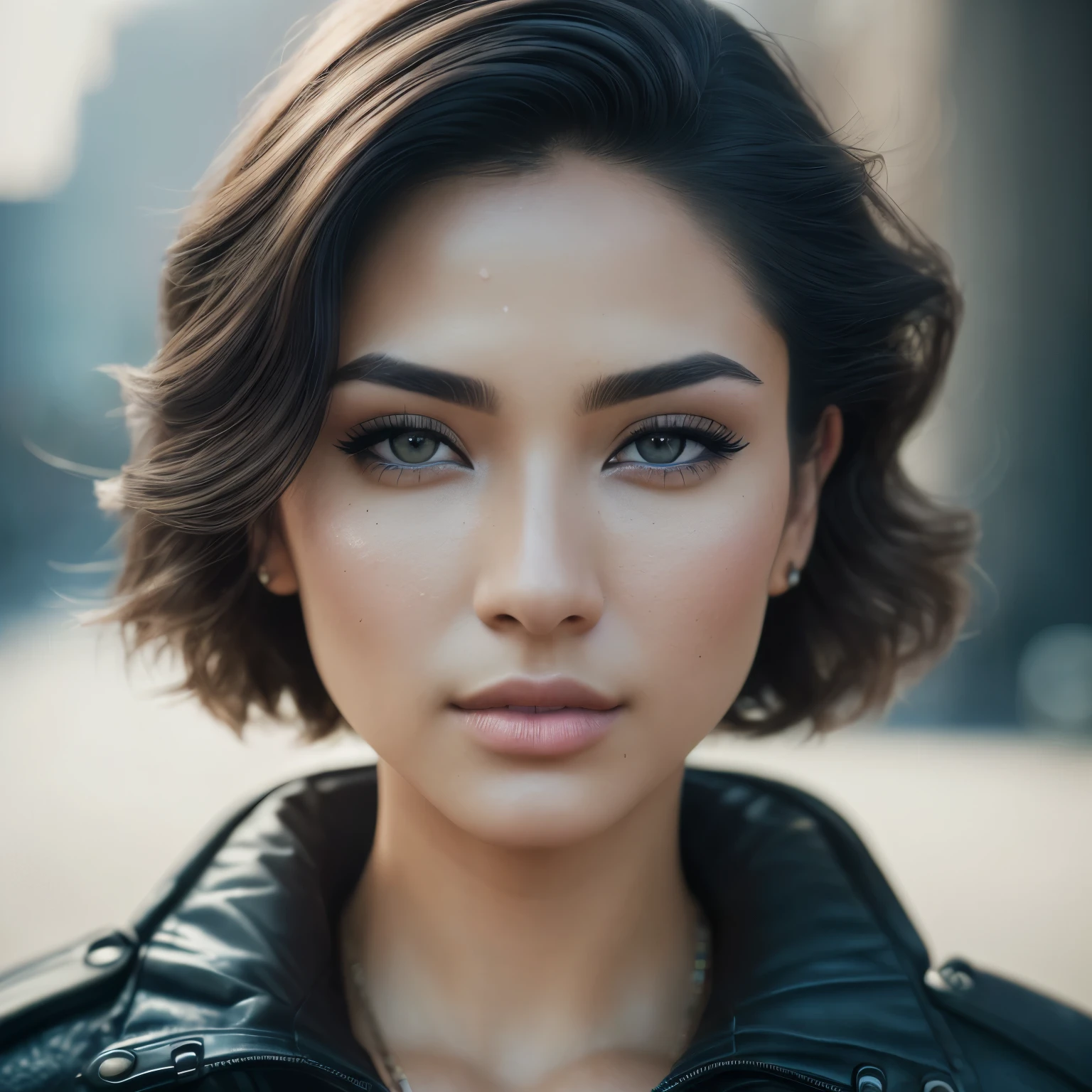 (RAW, analog, Nikon Z 14mm ultra wide angle lens, award-winning glamour photography, ((highest quality)), ((masterpiece)), ((realistic)), skin pores, subsurface scattering, synchrotron rays, high resolution, detailed facial features, high detail, sharp focus, smooth, aesthetic, highly detailed, (highly detailed eyes, highly detailed iris), highly detailed hair, highly detailed skin, highly detailed clothing, Octane Rendering, Photorealistic, Realistic, Post-Processing, Maximum Detail, Realistic Shadows, Roughness, Natural Skin Texture, Real Life, Ultra Realistic, Photorealism, Photography, 8K UHD, Photo, HDR, Complex and Elegant, Highly Detailed, Sharp Focus, Stunning, Beautiful, Gorgeous), (Masterpiece: 1.2, Best Quality 1:1, Ultra Detail: 1.2, Best Shadows, 8k: 1.1) (Future city: 1.3), (contrasting background, light background), (beautiful detailed face), high contrast, (perfect lighting: 1.2, neon color), (cinematic light)), colorful, hyper-detail, dramatic light, intricate detail, (Isabel Merced, solo, bob_cut_ hair, blue eyes, dynamic angle, seductive), depth of field