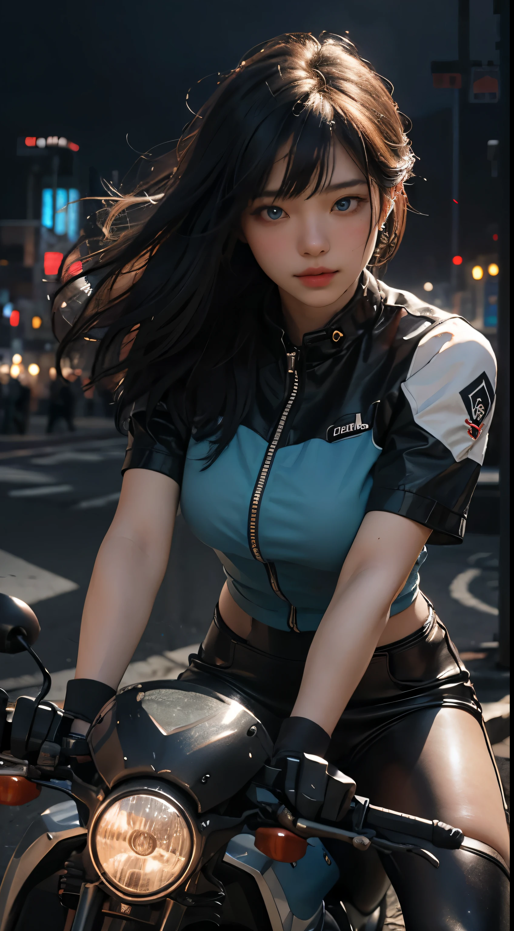 best image quality, excellent details, ultra high resolution, (realism: 1.4), best illustrations, Favor details, High concentration of 1girls, japanese woman、18-year-old、delicate and beautiful face,、blue eyes、 dressed in black and white mecha, holding a directional controller, Riding a large motorcycle, the background is a high-tech lighting scene of the futuristic city.