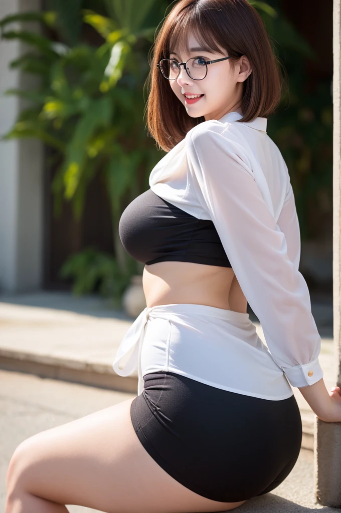 (8K、Raw photo、highest quality、masterpiece:1.2)、(realistic、Photoreal:1.37)、super detailed、Super high resolution、1 fat girl、Obese girls、see the beholder、beautiful round face、laughter、Thick waist、Saggy underbelly、Big ass、thick thighs、narrow、((White blouse clothes))、Beautiful and smooth skin、skin texture、floating hair、((tied one&#39;s hair together))、big and full breasts、professional lighting、((Black square glasses))、human body as a whole、brown hair、