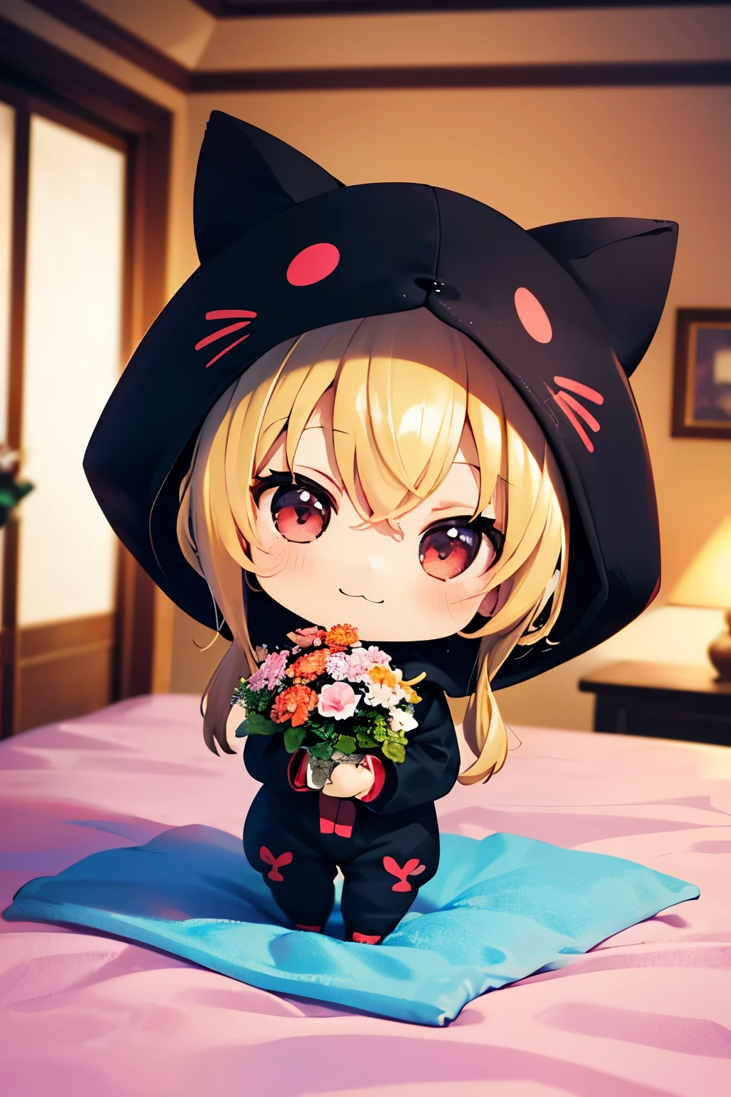 (Chibi:1.3), happy, (holding a bouquet), full body, (Kigurumi), indoors, on the table, (Nendoroid:1.1),