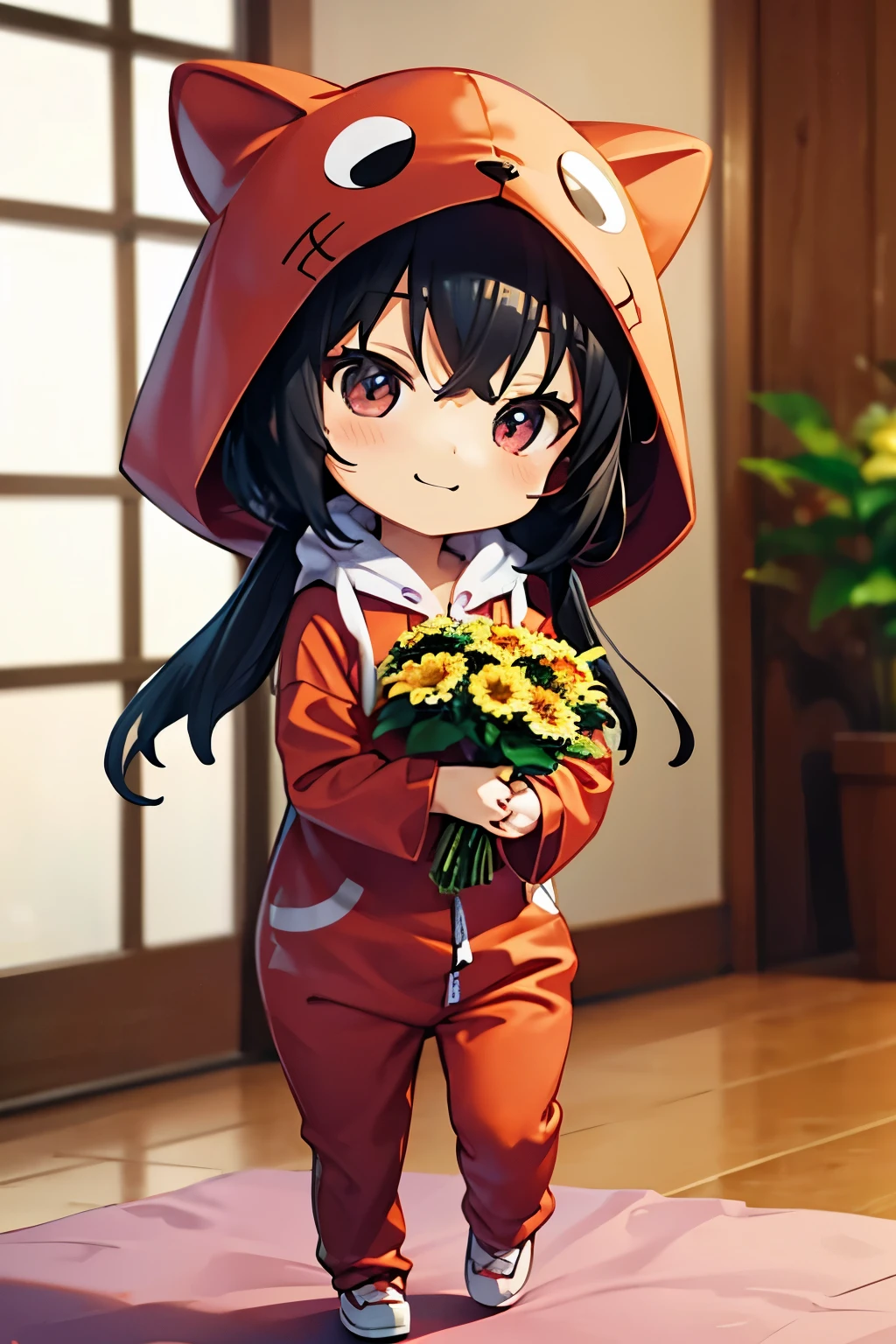 (Chibi:1.3), happy, (holding a bouquet), full body, (Kigurumi), indoors, on the table, (Nendoroid:1.1),