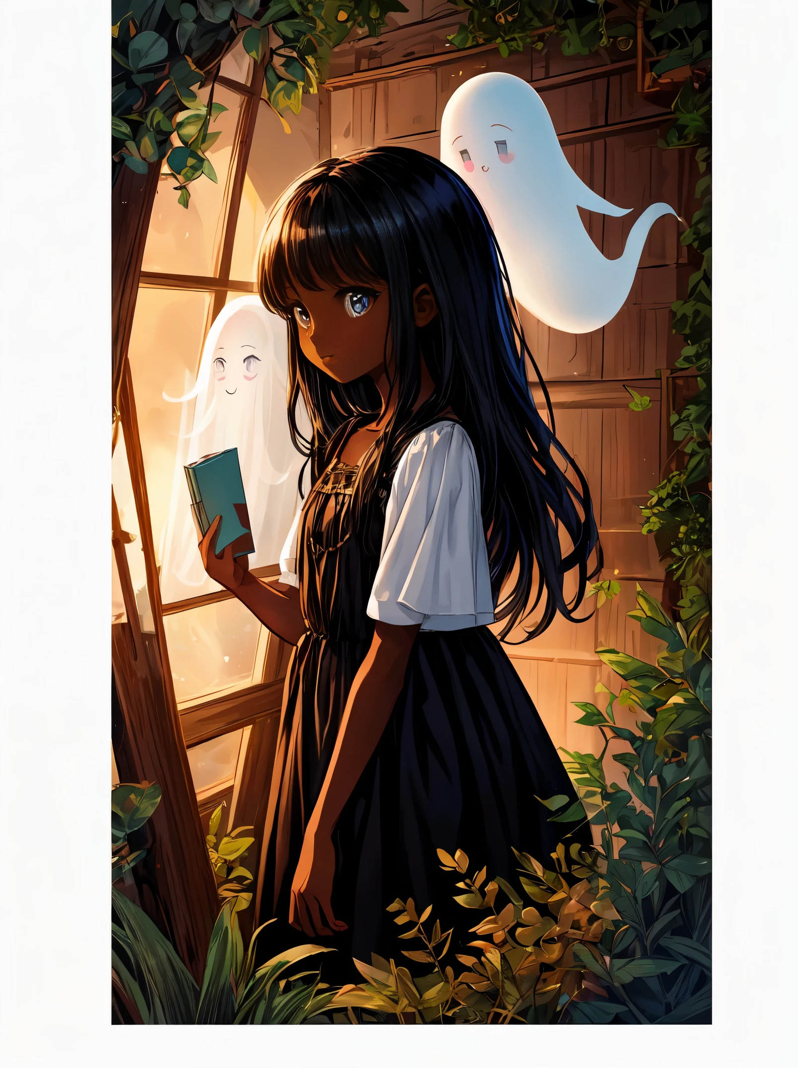 'beautiful illustration sweet  black girl with dark skin and long black hair and a cute semi-transparent ghost in the style of a children's book, graphic novel concept art