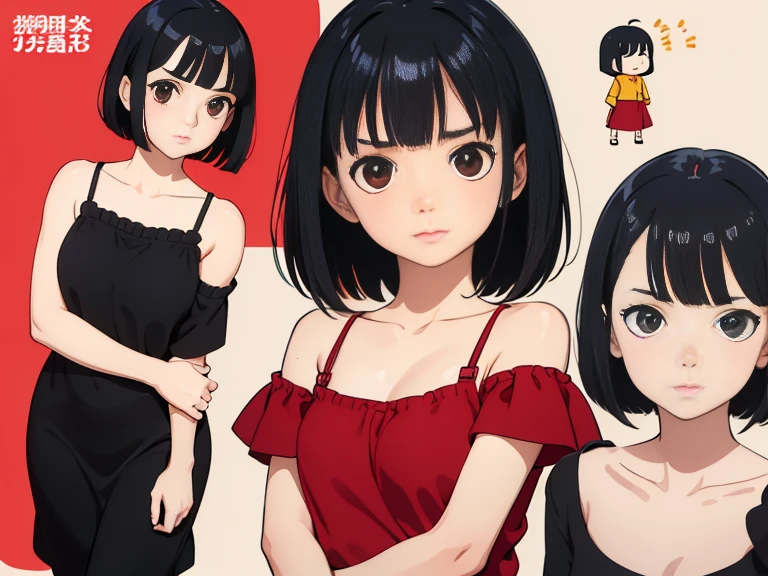 cute girl, character seet, Multiple pose and expressions, different angles, organizing, ghibli style, childrens book, meny character, Full body shot,(short bob cut),beautiful Eye,hoodedeyes, wearing red&black off shoulder casual dress,black camisole,hair off forehead bangs,short eyebrows,short hair,beautiful detailed black hair,