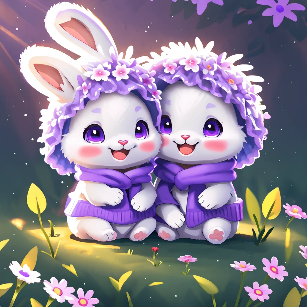 cgi, ultra-detailed, cute rabbit surrounded by flowers, laughing, best quality, high resolution, intricate details, fantasy, cute animal, purple, humorous, happy