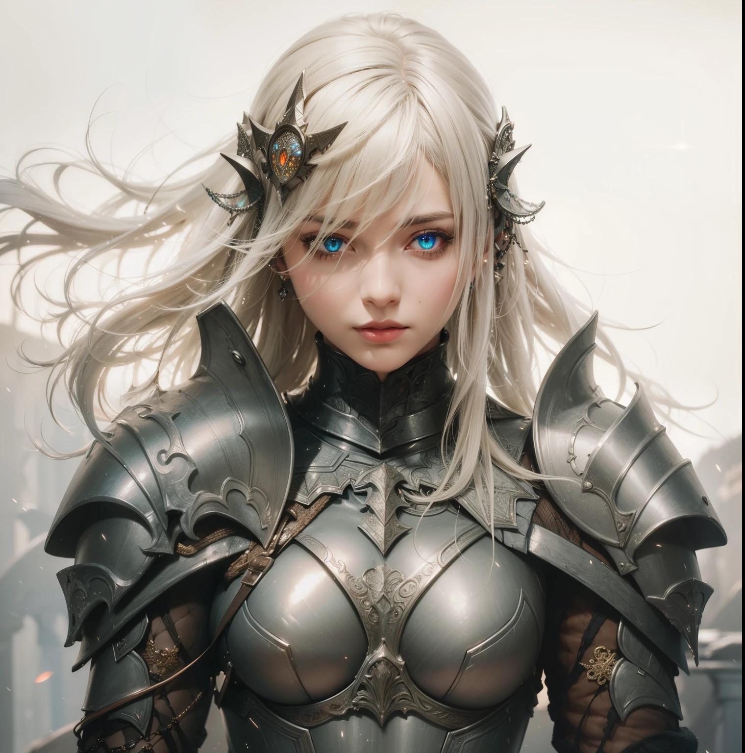 Bust ((from face to the waist)) Beauty girl as 2B in hyperrealistic detailed tight ornad elegant knight armor, detailed sharp galaxy glowing eyes, ((with glowing colorful fringe)), cinematic illumination 8k, (masterpiece), sharp focus