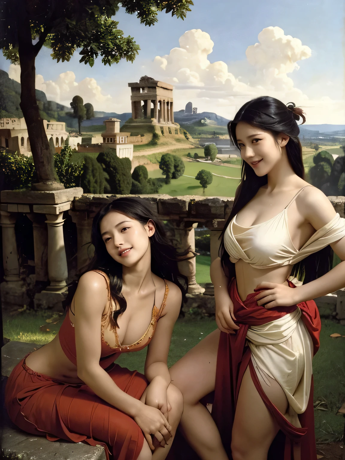 Ancient Roman ruins,Poussin-style landscape,A smile,,Sweet and seductive appearance.、Caravaggio's paintings、Chiaroscuro of Caravaggio、Hair disheveled in the wind,Two women frolicking,Cute smile, Expression of ecstasy,A sexy,Erotic