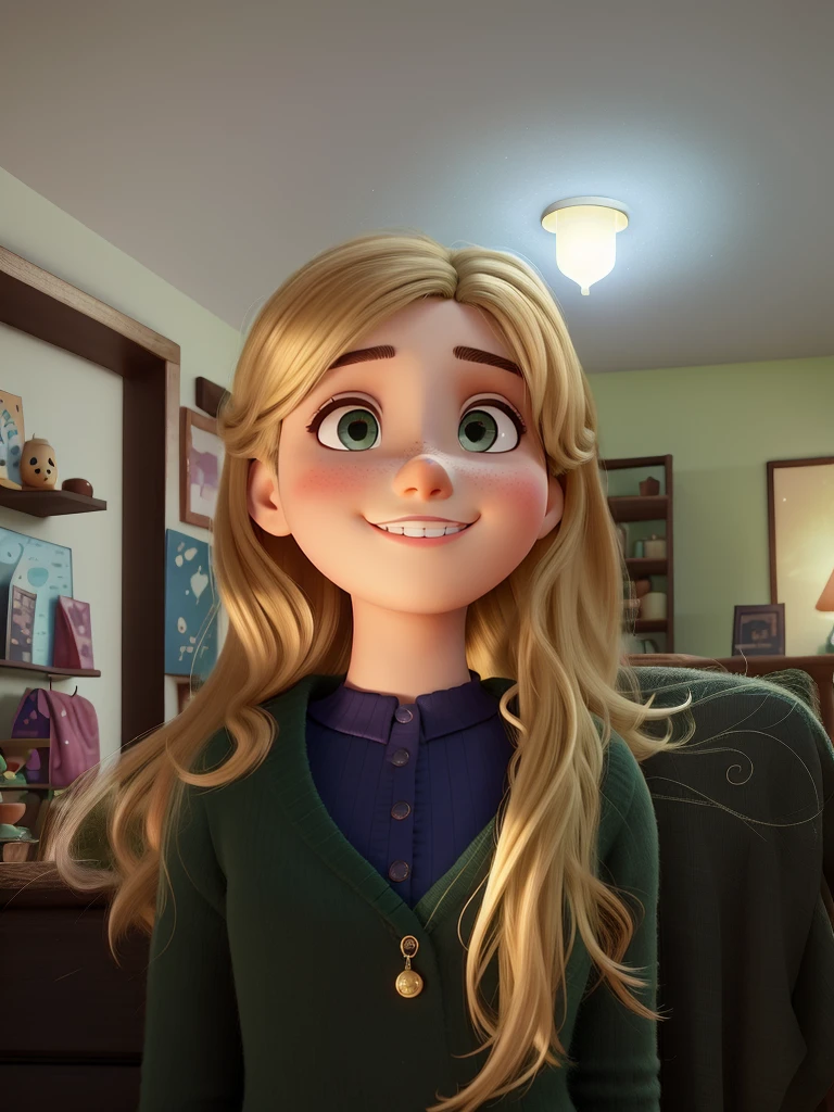 PIXAR style image, A young white woman, pink dress, with blonde hair, green eyes, long hair, Standing in front, illuminated by the light of a lamp, against the backdrop of Disney