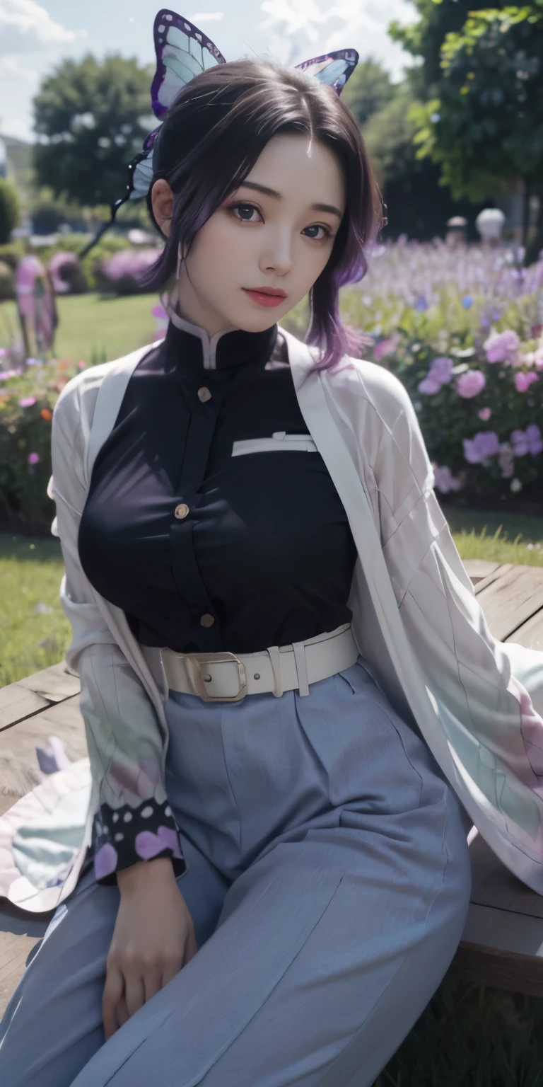 Ultra-realistic 8k CG,masterpiece,((ultra-detailed background, delicate pattern, intricate details)),best quality,very detailed face,extremely detailed eyes and face,extremely detailed eyes,kochou shinobu,multicolored hair,no bangs,hair intakes,purple eyes,forehead,black shirt,black pants,,butterfly,buttons,belt,(Garden:1.2),purple flower,chibi,cloudy sky,sunlight,Tindal effect,gradient_sky,face,Gorgeous sky,Waist Sabre,Charming posture,huge breasts