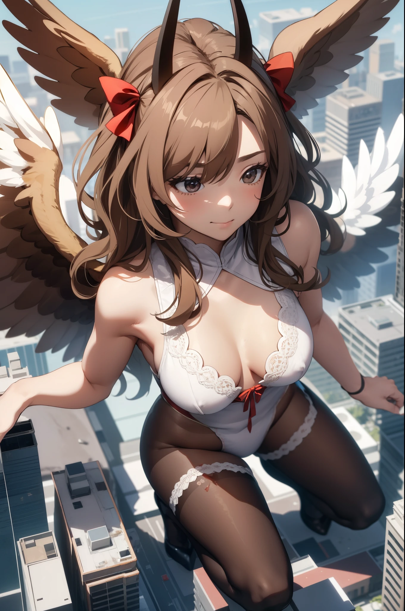 Aerial View,giant girl 50,000 feet high,Weight 1000kg,Has a pair of huge brown angel wings,With huge devil horns on his head,Has waist-length brown hair,loose hair,Brown big wavy curls,brown crown,Wearing a pair of brown Mary Jane heels,Brown lace gloves,Brown lace pantyhose,Pantyhose with bow and star decorations,棕色蕾丝whole body,Standing upright on a small city,Beautiful appearance,Exquisite makeup,quality,8k,高quality,Perfect proportion, Cinema lighting,film grain,Fuji colors,8k,textured skin,Super details,high detail,high resolution,fake smile,blood stains,脚底有blood stains,whole body,Obese,feather