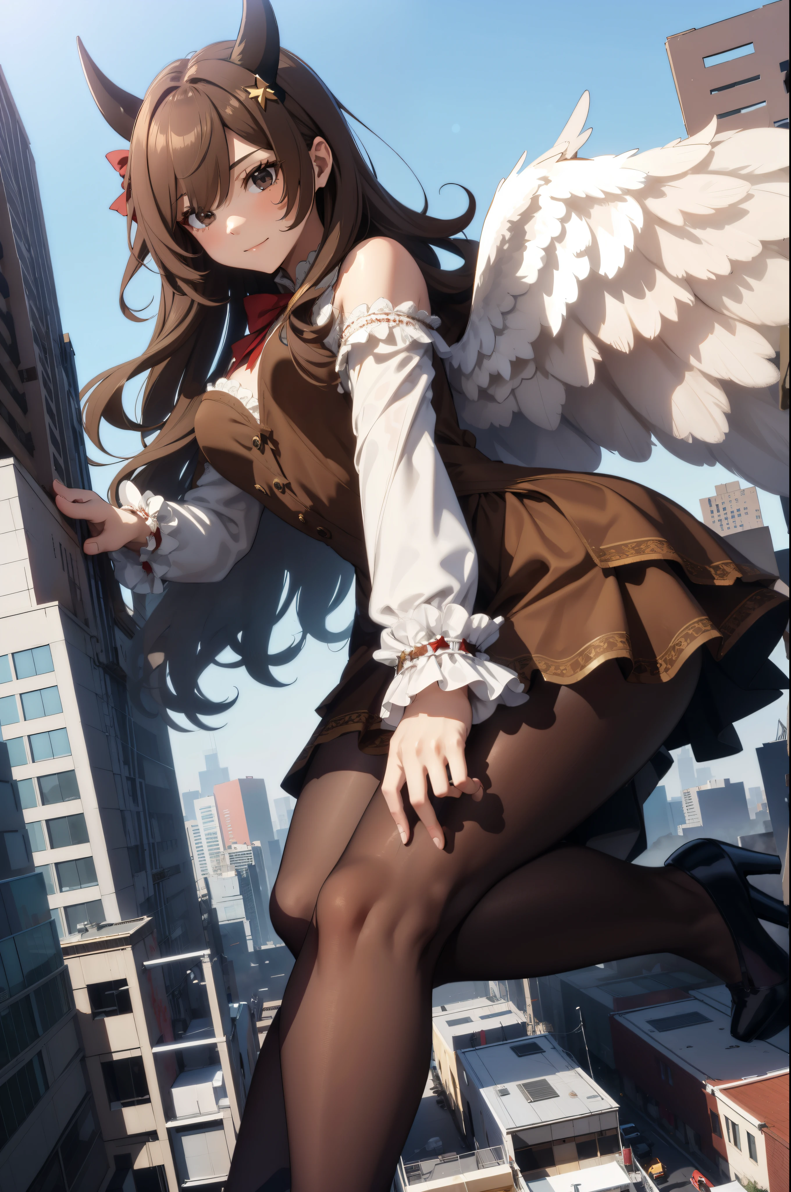 Aerial View,giant girl 50,000 feet high,Weight 1000kg,Has a pair of huge brown angel wings,With huge devil horns on his head,Has waist-length brown hair,loose hair,Brown big wavy curls,brown crown,Wearing a pair of brown Mary Jane high heels,Brown lace gloves,Brown lace pantyhose,Bow and star embellished tights,棕色蕾丝whole body,Standing tall above the small town,Beautiful appearance,Exquisite makeup,quality,8k,高quality,Perfect proportion, Cinema lighting,film grain,Fuji colors,8k,textured skin,Super details,high detail,high resolution,fake smile,blood stains,脚底有blood stains,whole body,fat,feather