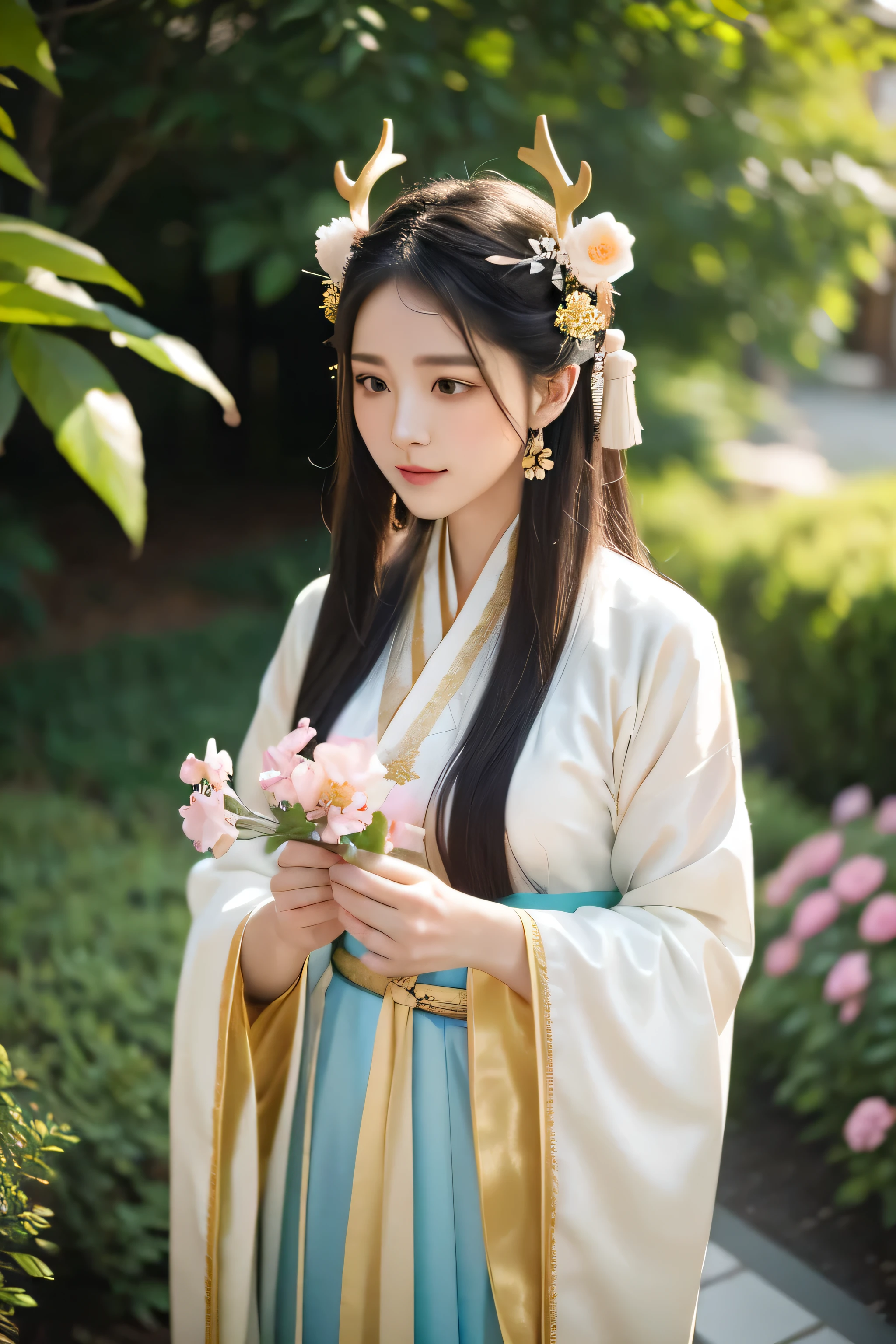 Beautiful girl in Hanfu admiring flowers in the garden,She wears a gold antler headdress