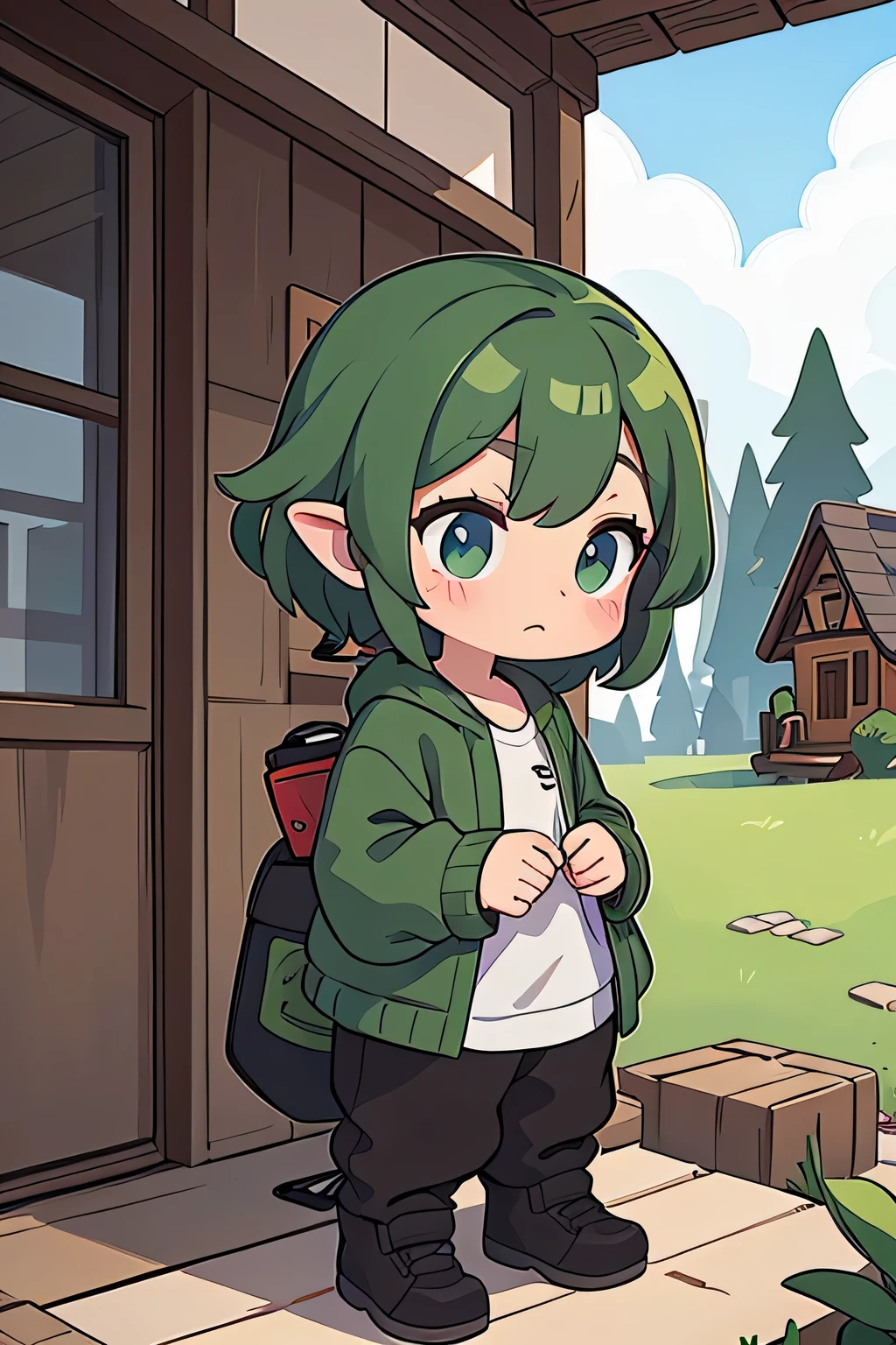 A wooden house,A little green goblin stands in front of the wooden house