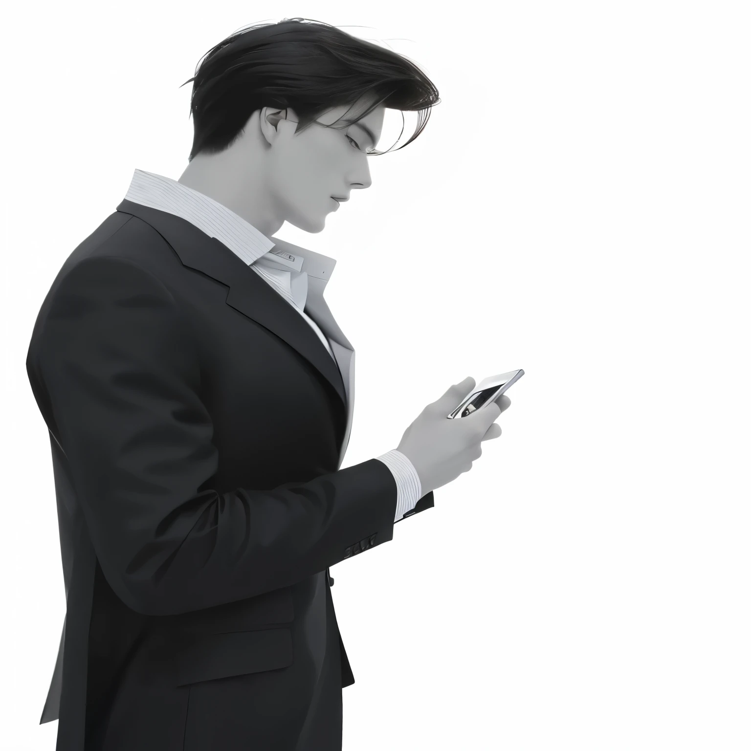 A man in a suit is looking at his mobile phone., Handsome anime poses, elegant profile poses, handsome anime boy, profile poses, high quality fanart, beautiful androgynous prince, Inspired by Hisui Sugiura, The delicate androgynous prince, Stand in elegant poses, Digital art of elegance, Discreet posture, Men's Poses, Male Art