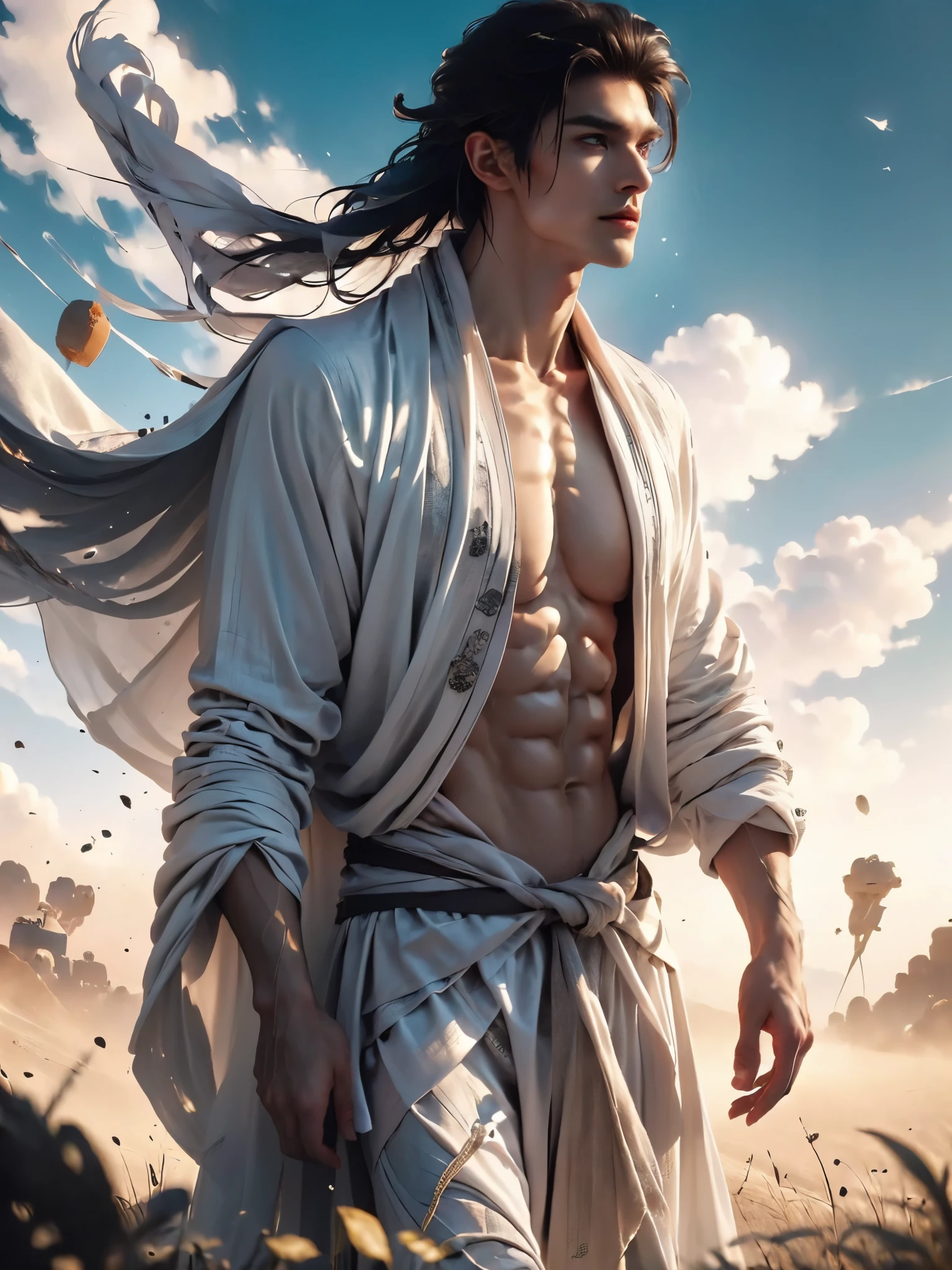 in style of Delphin Enjolras, character concept design, half body， (male character design），（Messy white long hair）,（Pan An, a handsome Chinese man gazing affectionately, is flying in the clouds：1.37），（Pan An wears modern and fashionable men&#39;s blue sweater suit pants：1.37），Pan An’s skin is fair and flawless，The bridge of his nose is high and straight，(long,Messy shawl hair：1.1），（double eyelids, Bright Eyes, Big clear and bright eyes），sad prince，Food with red lips and white teeth，gentle melancholy，Pan An is tall and tall.，He has a strong physique，Toned muscles，Fresh and toned abs, His exquisite facial features，Kingly style， （Main color blue：0.8）