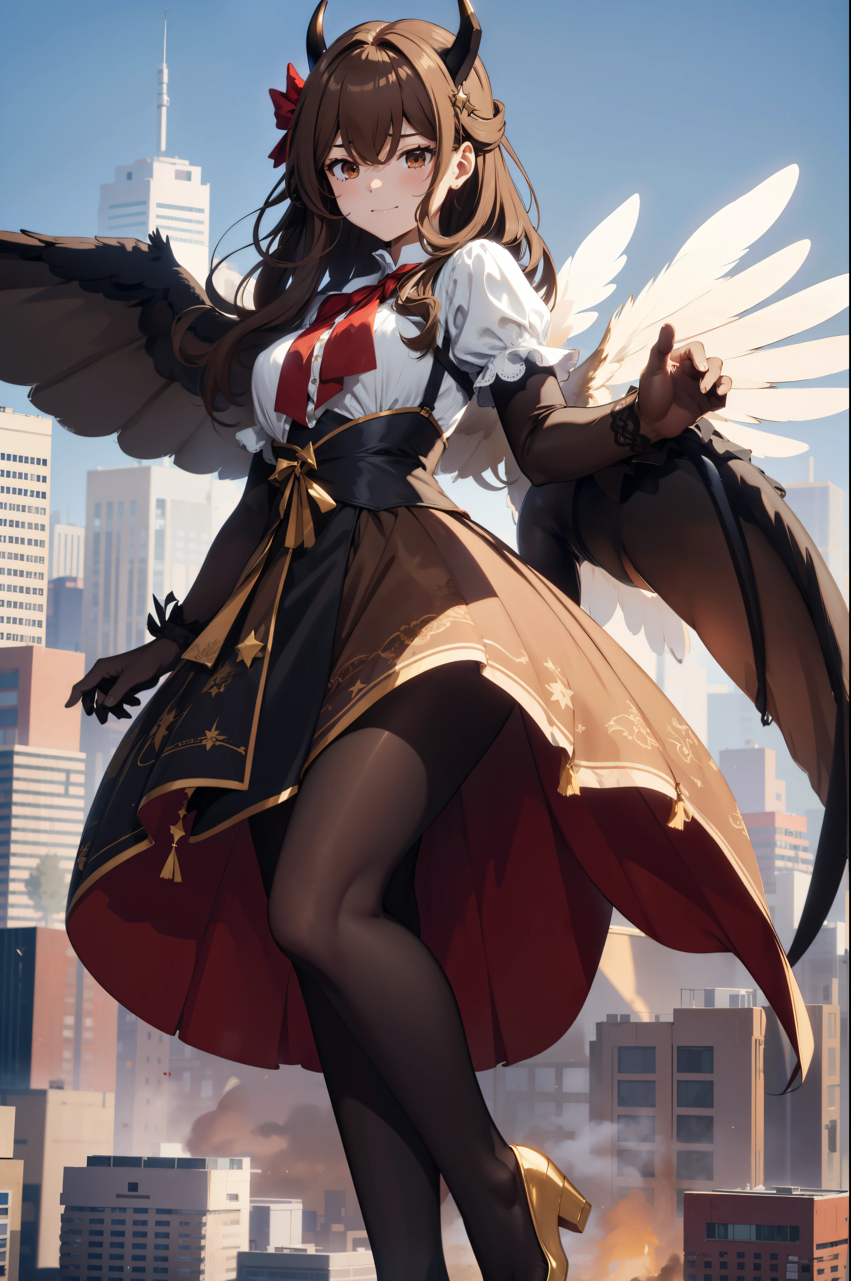 Aerial View,giant girl 50,000 feet high,Weight 1000kg,Has a pair of huge brown angel wings,With huge devil horns on his head,Has waist-length brown hair,loose hair,Brown big wavy curls,brown crown,Wearing a pair of brown Mary Jane high heels,Brown lace gloves,Brown lace pantyhose,Bow and star embellished tights,棕色蕾丝whole body,Standing tall above the small town,Beautiful appearance,Exquisite makeup,quality,8k,高quality,Perfect proportion, Cinema lighting,film grain,Fuji colors,8k,textured skin,Super details,high detail,high resolution,fake smile,blood stains,脚底有blood stains,whole body,fat,feather