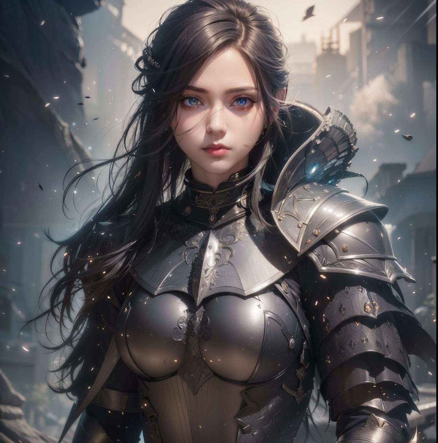 Bust ((from face to the waist)) Beauty girl as 2B in hyperrealistic detailed tight ornad elegant knight armor, detailed sharp galaxy glowing eyes, ((with glowing colorful fringe)), cinematic illumination 8k, (masterpiece), sharp focus