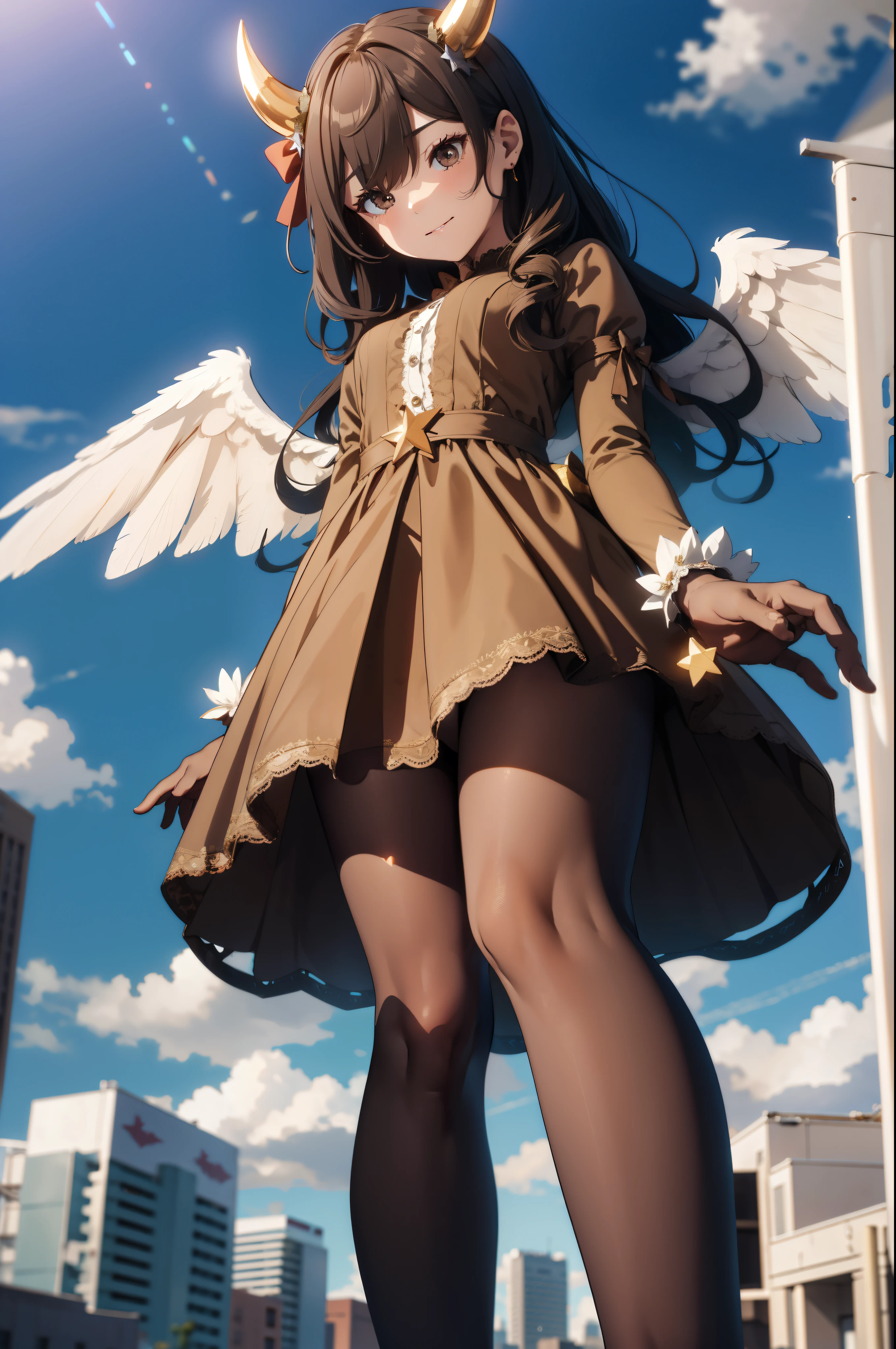 Aerial View,giant girl 50,000 feet high,Weight 1000kg,Has a pair of huge brown angel wings,With huge devil horns on his head,Has waist-length brown hair,loose hair,Brown big wavy curls,brown crown,Wearing a pair of brown Mary Jane high heels,Brown lace gloves,Brown lace pantyhose,Bow and star embellished tights,棕色蕾丝whole body,Standing tall above the small town,Beautiful appearance,Exquisite makeup,quality,8k,高quality,Perfect proportion, Cinema lighting,film grain,Fuji colors,8k,textured skin,Super details,high detail,high resolution,fake smile,blood stains,脚底有blood stains,whole body,fat,feather